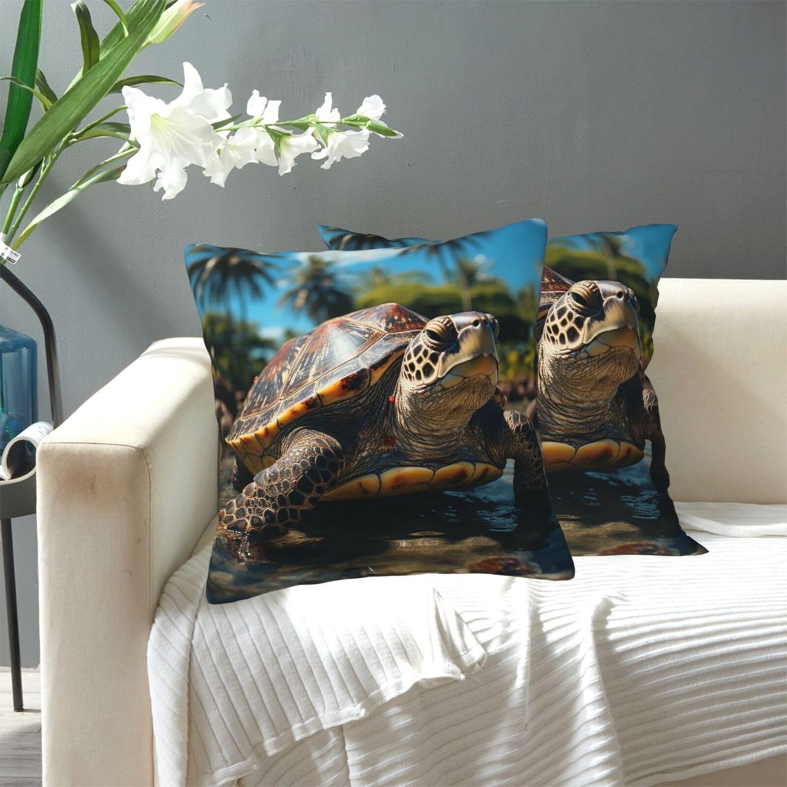 FekiLoot Decorative Throw Pillow Covers Modern Farmhouse Pillowcase Double Sided Cozy Cushion Cover for Sofa Couch Bed 18"X18" Big Turtle and Palm Trees