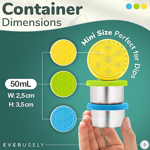 Vista 25 de Everusely Vasos para condimentos – Paquete de 3, 1.7 oz / 1.7 fl oz, brillantes, de acero inoxidable – Recipientes de condimentos con tapas
