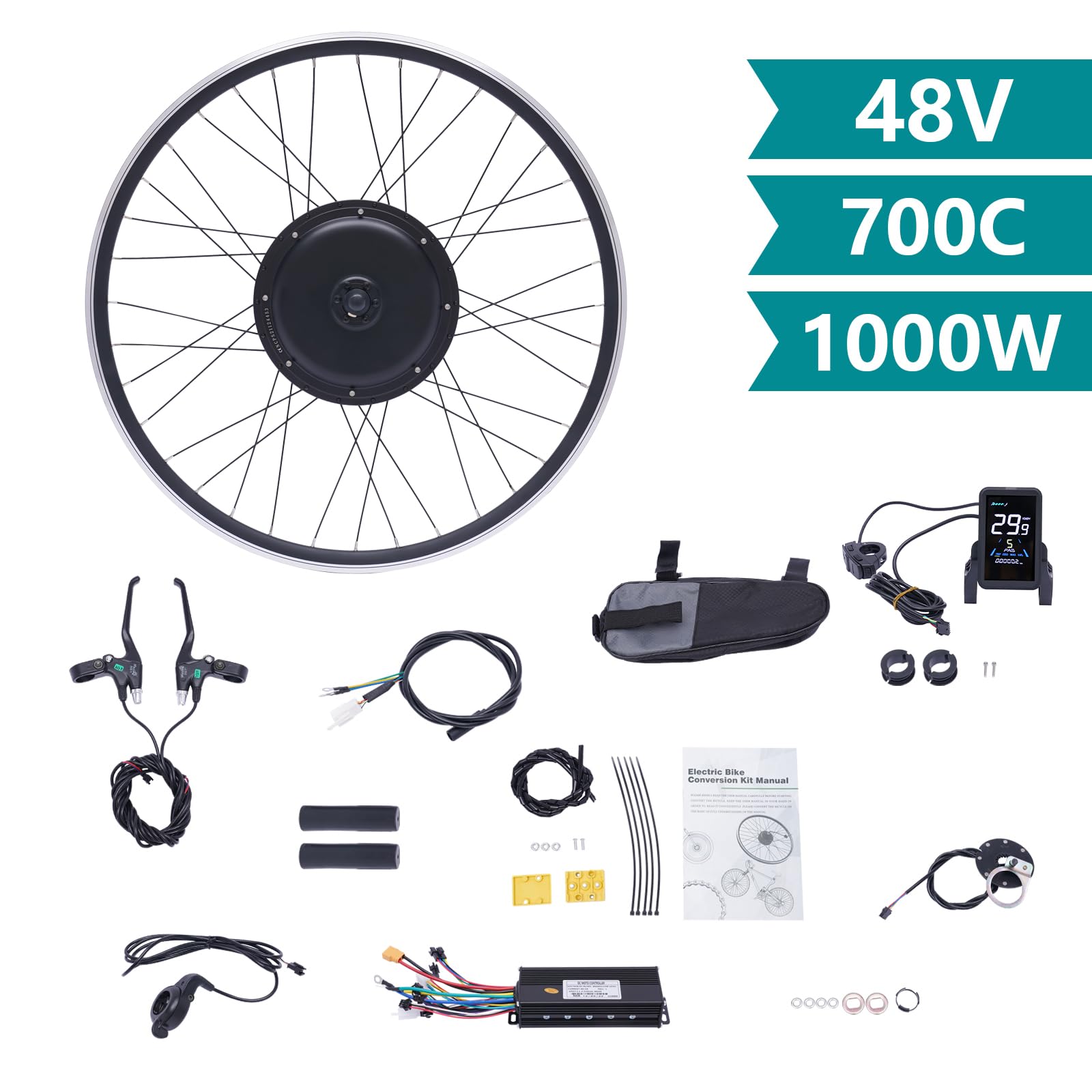 Zestaw doposażeniowy do roweru elektrycznego 1000 W – silnik tylnego koła 48 V z 5-biegową przerzutką, prędkość 45-55 km/h, uchwyt hamulcowy z przerwaniem zasilania do hamulców V-Brake i hamulców