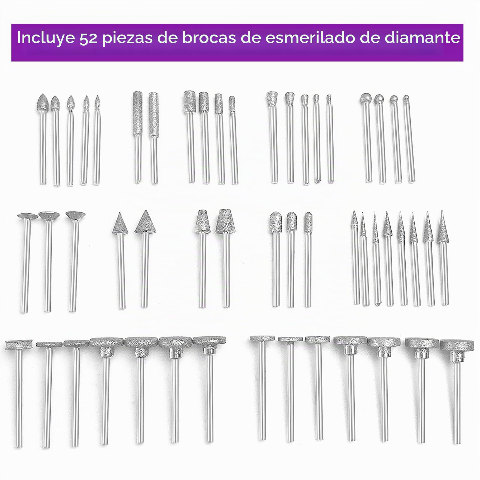 Juego de 52 brocas de diamante multifuncionales compatibles con Dremel, brocas de diamante para herramientas rotativas, vástago de 3 mm, para tallar, pulir, moler