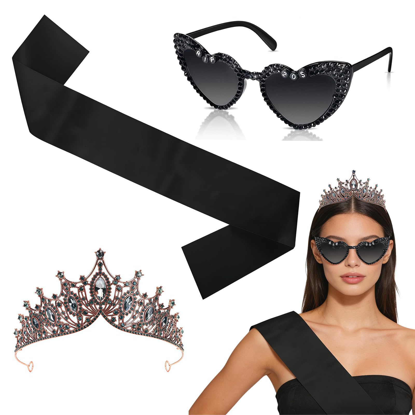 Zosutetoxo 30th Birthday Set for Women, Sash Crown Sunglasses Black Satin Gold Decoration Accessories RIP to My 20s Theme Party Gift