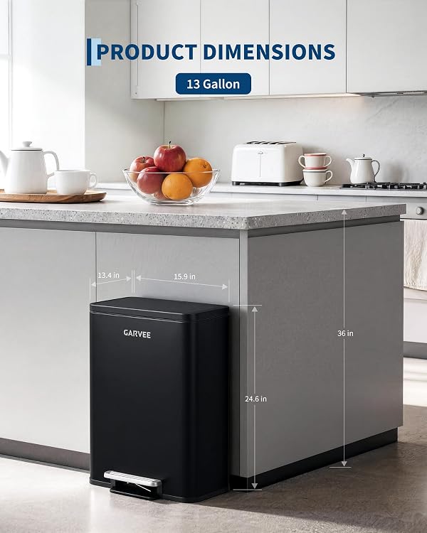 Garvee Kitchen Trash Can, 13 Gallon/50L Stainless Steel Garbage Can with Quiet Soft-Close Lid, Foot Pedal & Removable Inner Bucket, Rectangular Step Waste Bin for Living Room Office Bedroom, Black by Garvee - Used condition - Image 7