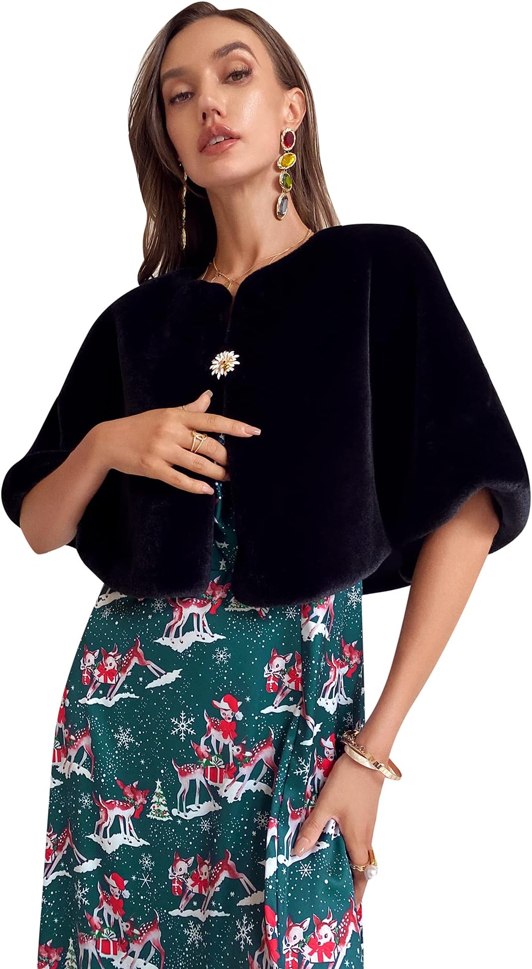 FashionmeWomen Soft Faux Fur Shawl Wraps Shrug Stole Cloak Coat Sweater Cape for Evening Party/Bridal/Wedding with Brooch Pin, Medium/Black