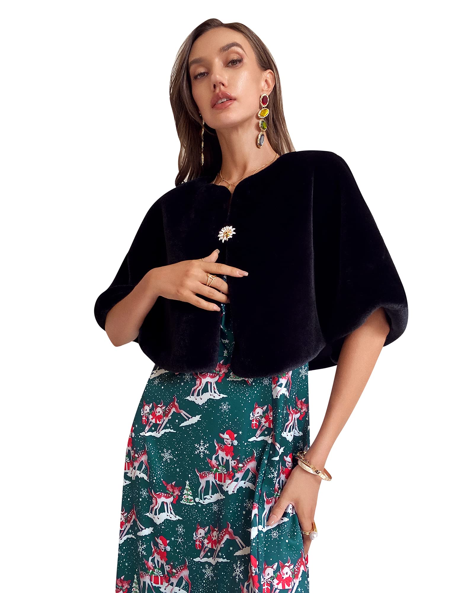 FashionmeWomen Soft Faux Fur Shawl Wraps Shrug Stole Cloak Coat Sweater Cape for Evening Party/Bridal/Wedding with Brooch Pin, Medium/Black