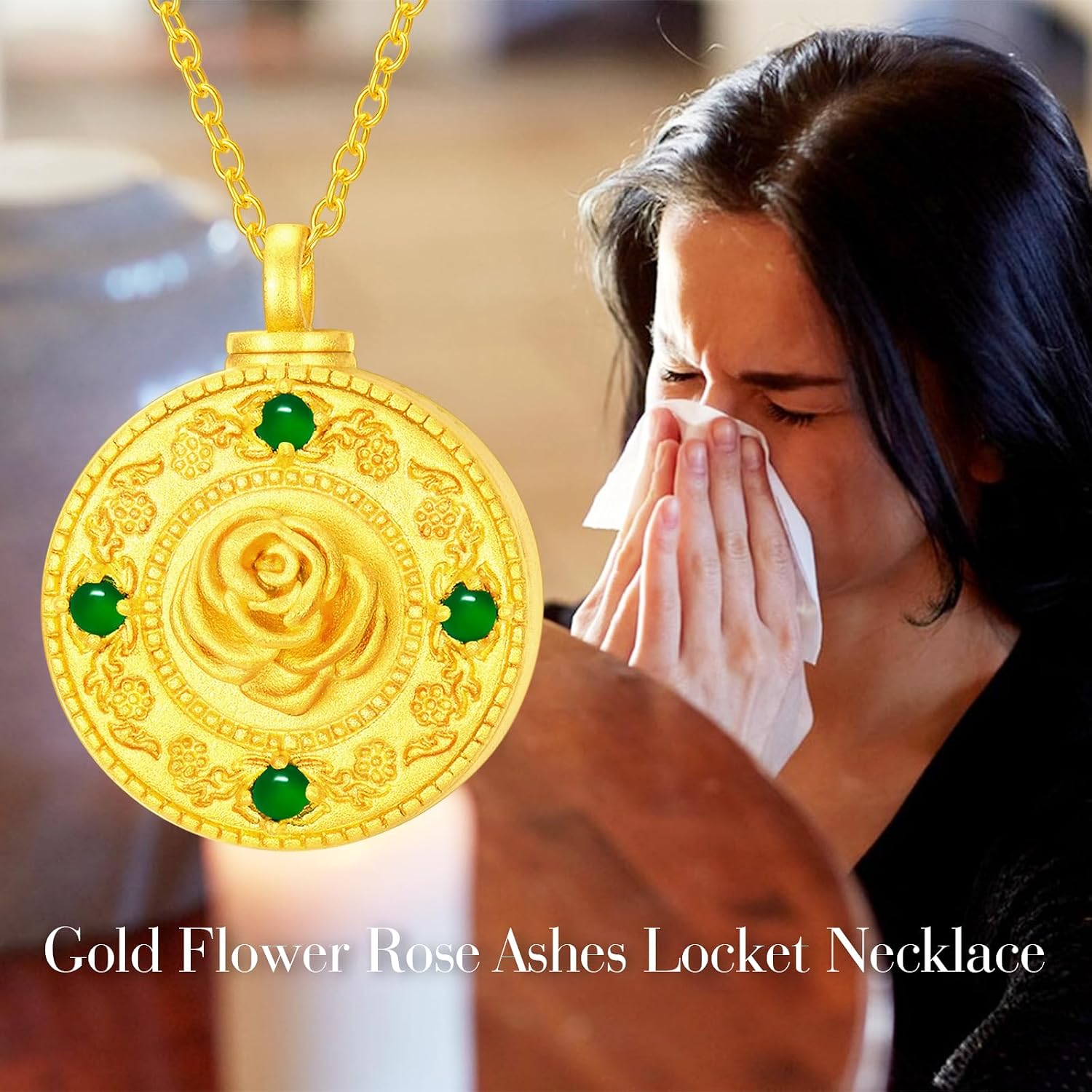 SOULMEET Gold Emerald Cremation Jewelry for Ashes, Personalized Gold Sunflower/Lotus/Rose/Cross/Medal Round Ashes Locket Necklace Natural Gemstone Urn Necklace to Hold Beloved Ones Ashes