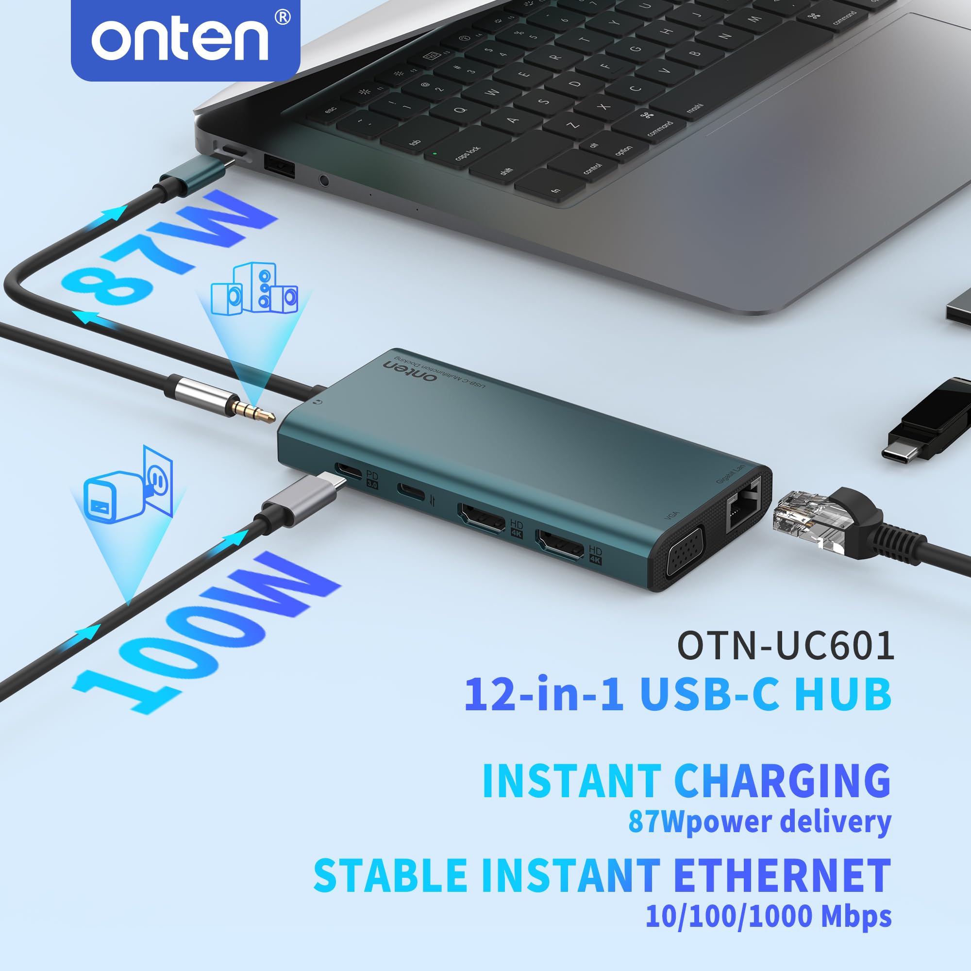 Onten USB C Hub 12in1, Docking Station mit 2X HDMI 4K, 100W Power Delivery, 3X USB 3.0, Gigabit LAN, VGA 1080P, SD/TF Kartenleser, Audio – MacBook Pro/Air, Windows, Tablets