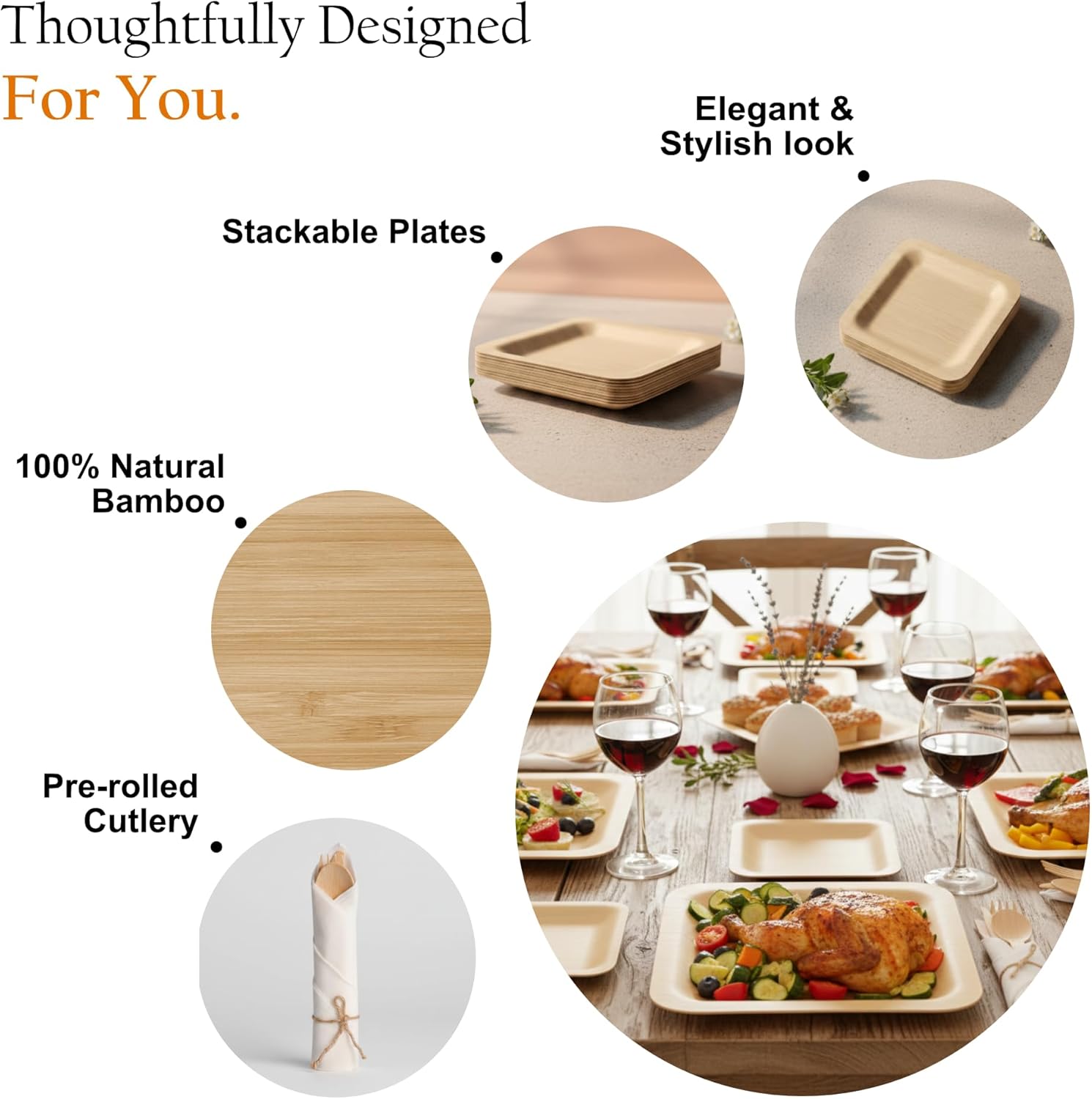 Disposable Premium Genuine Bamboo Plates & Pre-Rolled Cutlery Party Sets - 10" & 7" Bamboo plates - Elegant Spoon, Knife, Fork Set in Tissue Paper for Special Events - For 25 Guests - Image 3