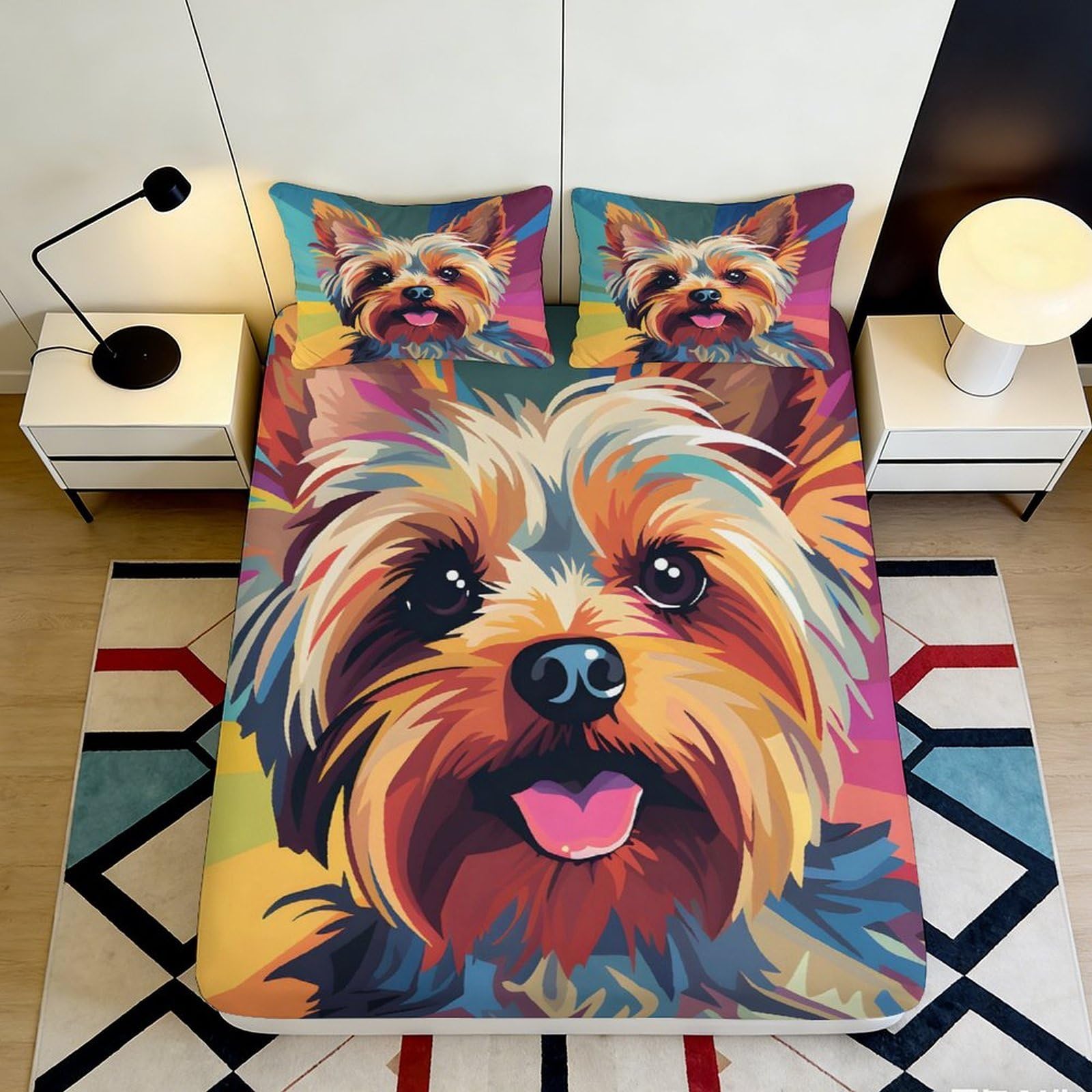 3D Printed Colorful Yorkshire Terrier Fitted Sheet Microfiber Soft Breathable Dog Face Bed Cover for Bedroom Dormitory Guest Room Mattress Protection 120x200x25cm