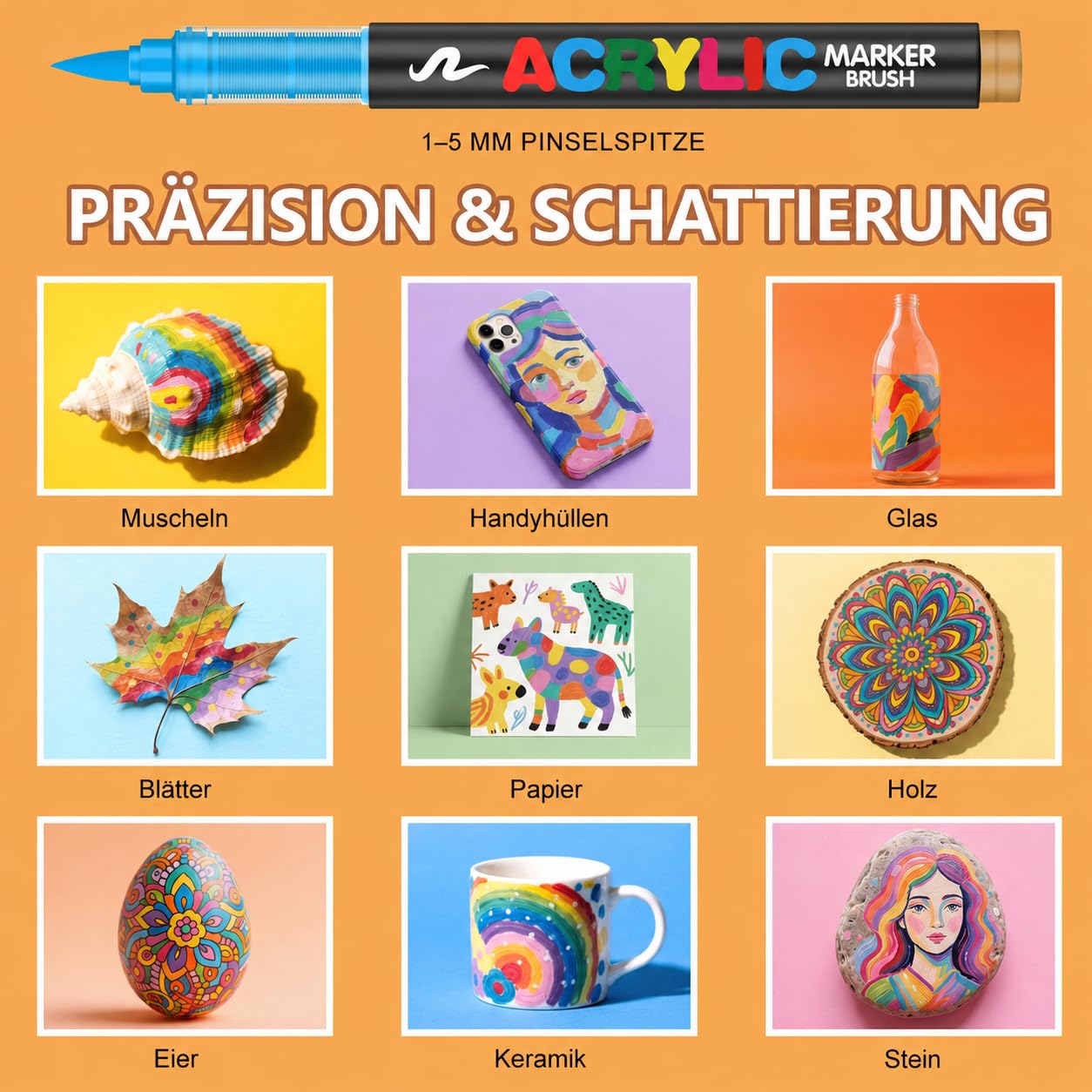 Melifluo 288 Acrylstifte Wasserfest – Acrylmarker mit Pinselspitze 1–6 mm & Direktfluss, Wischfest & Wetterfest – Acryl Stifte für Steine, Glas, Holz, Keramik, Stoff & Leinwand – Künstlerset