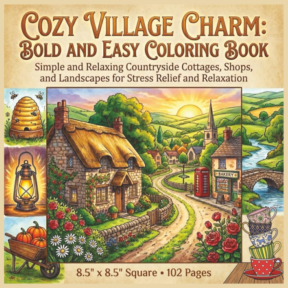 Cozy Village Charm: Bold and Easy Coloring Book: Simple and Relaxing Countryside Cottages, Shops, and Landscapes for Stress Relief and Relaxation