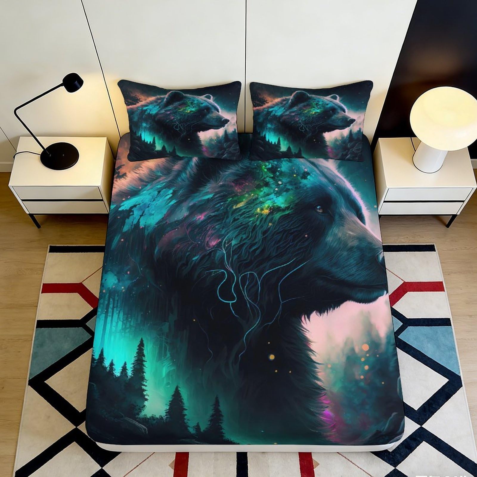 3D Printed Aurora Wolf Fitted Sheet Microfiber Deep Pocket Non-Slip Bedroom Bedding Aurora Wolf Mattress Fitted Cover 140x200x25cm
