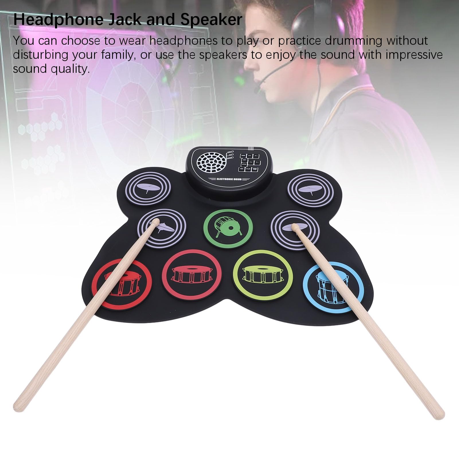 Sxhlseller Set di Batteria Elettronica Kit di Pad per Batteria Portatile Arrotolabile con Pedali Doppio Altoparlante per Principianti Bambini Adolescenti Adulti Bacchette Ricaricabili