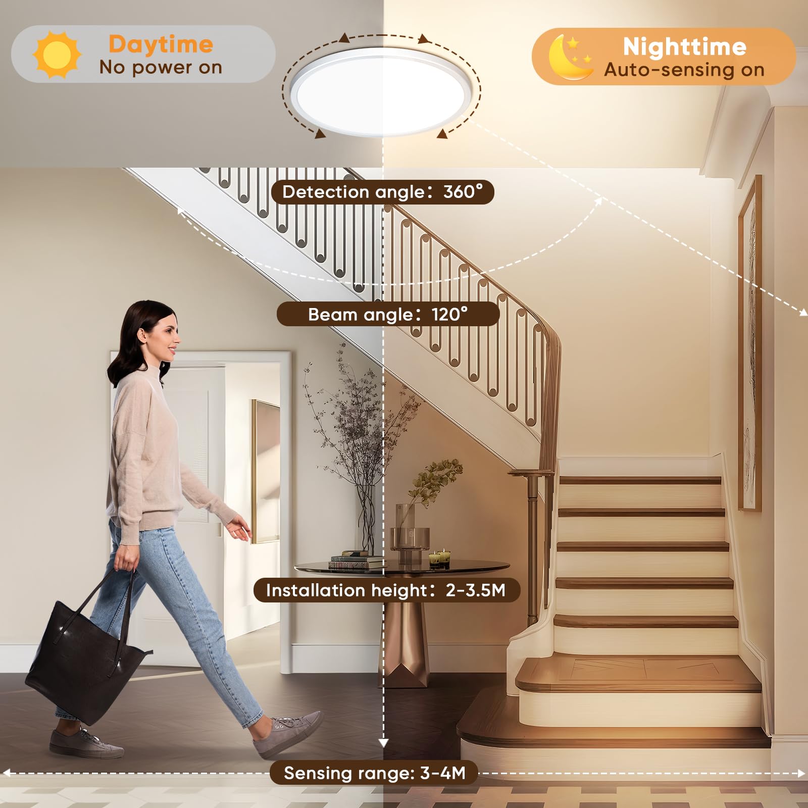 NIBSHOOM Plafonnier LED avec Détecteur de Mouvement, 3000K/4000K/6500K 24W Étanche IP44 Lampe de Plafond Rond, équipé d’un Détecteur de Radar, adapté pour Couloir, Escalier et Garage, 30 cm