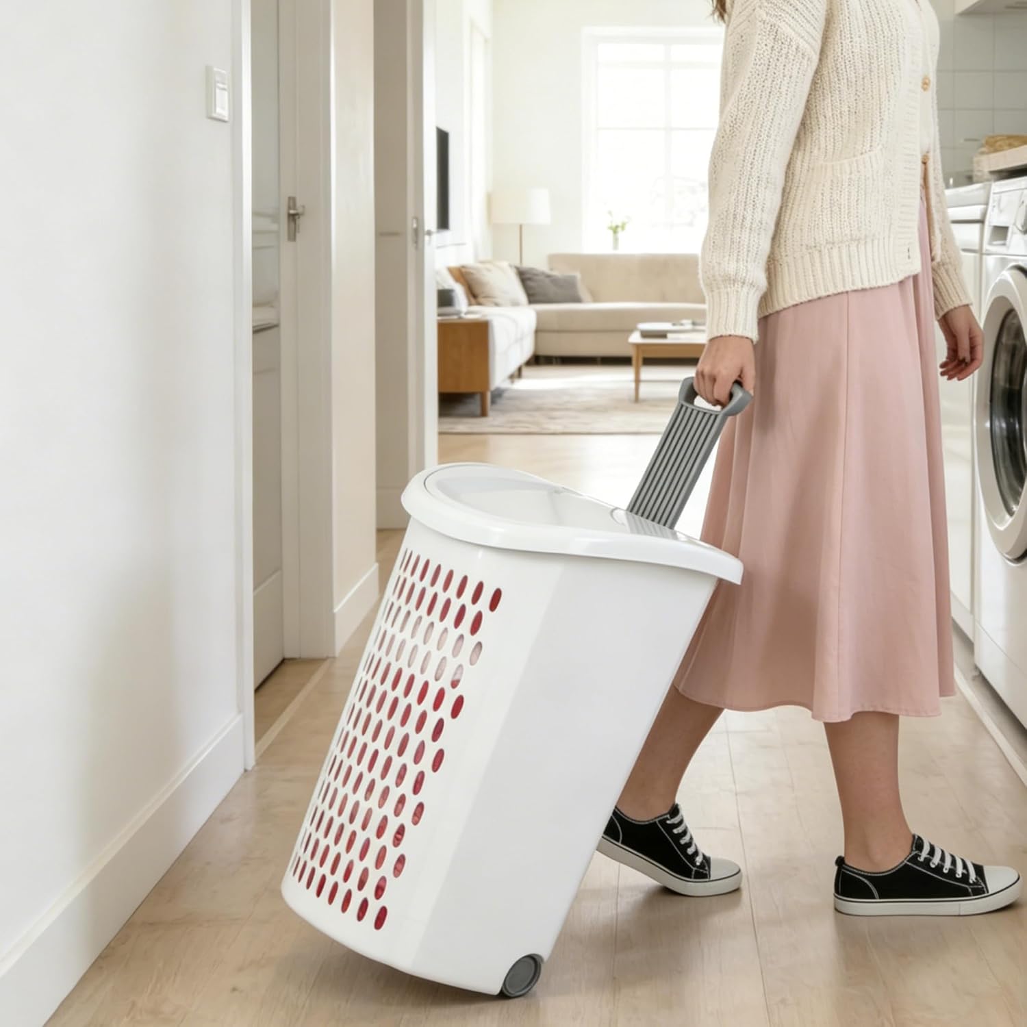 Laundry Basket with Wheels, Lid, and Handles for Easy Rolling, Dirty Clothes Organizer, White, 1 Pack