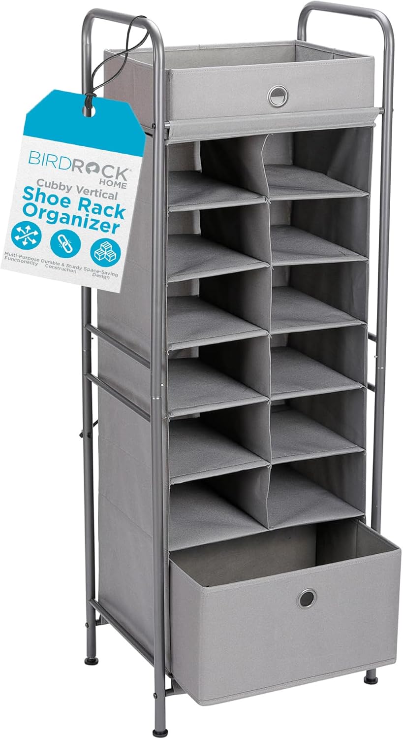BIRDROCK HOME 12 Cubby Vertical Shoe Rack Organizer with Large Drawer - Grey - Free Standing Tower for Closet - Sturdy Metal Frame - Space Saver - Bedroom Organization