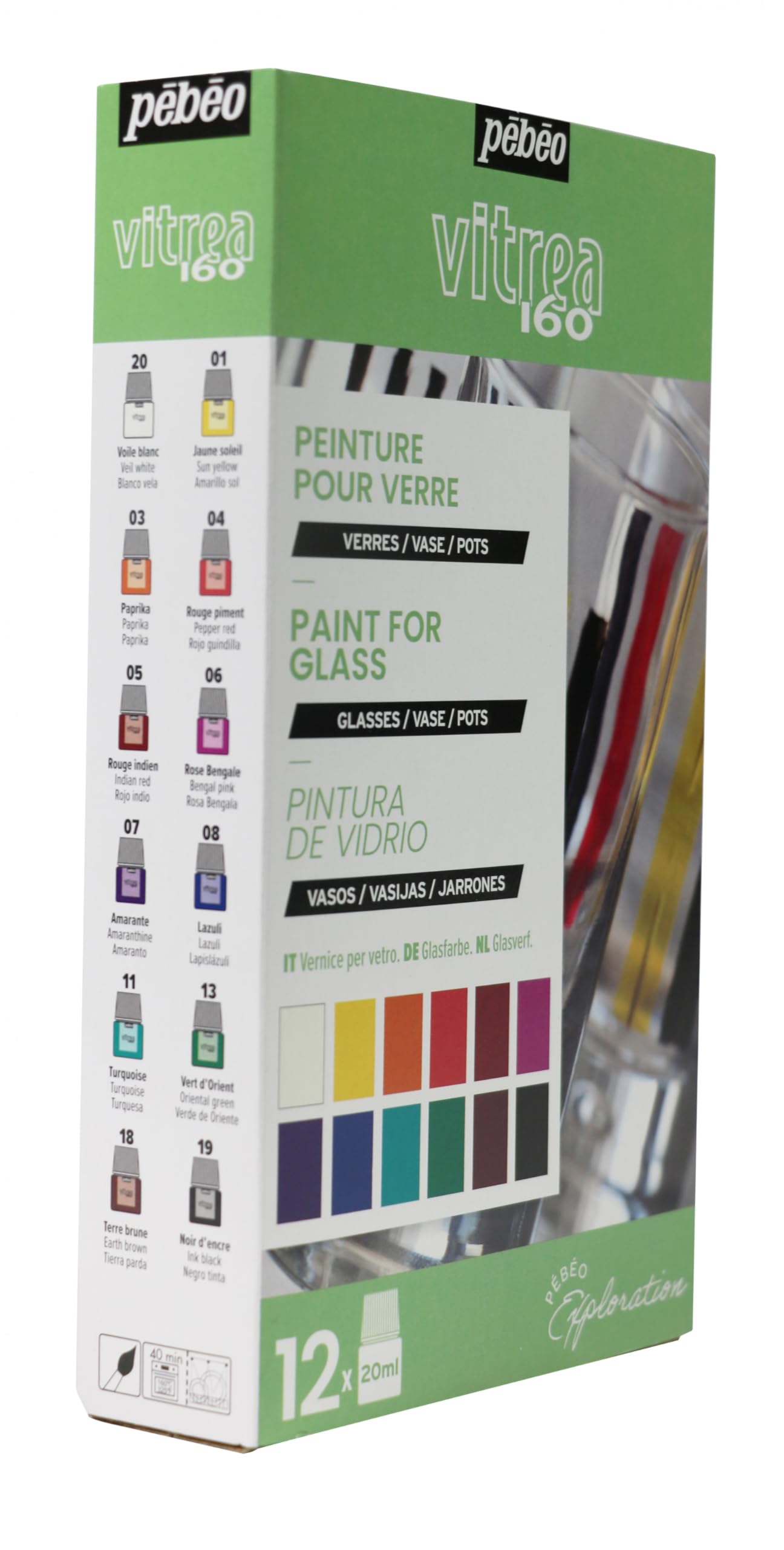 Pebeo Vitrea 160 - Vernice per vetro, colori assortiti, confezione da 12
