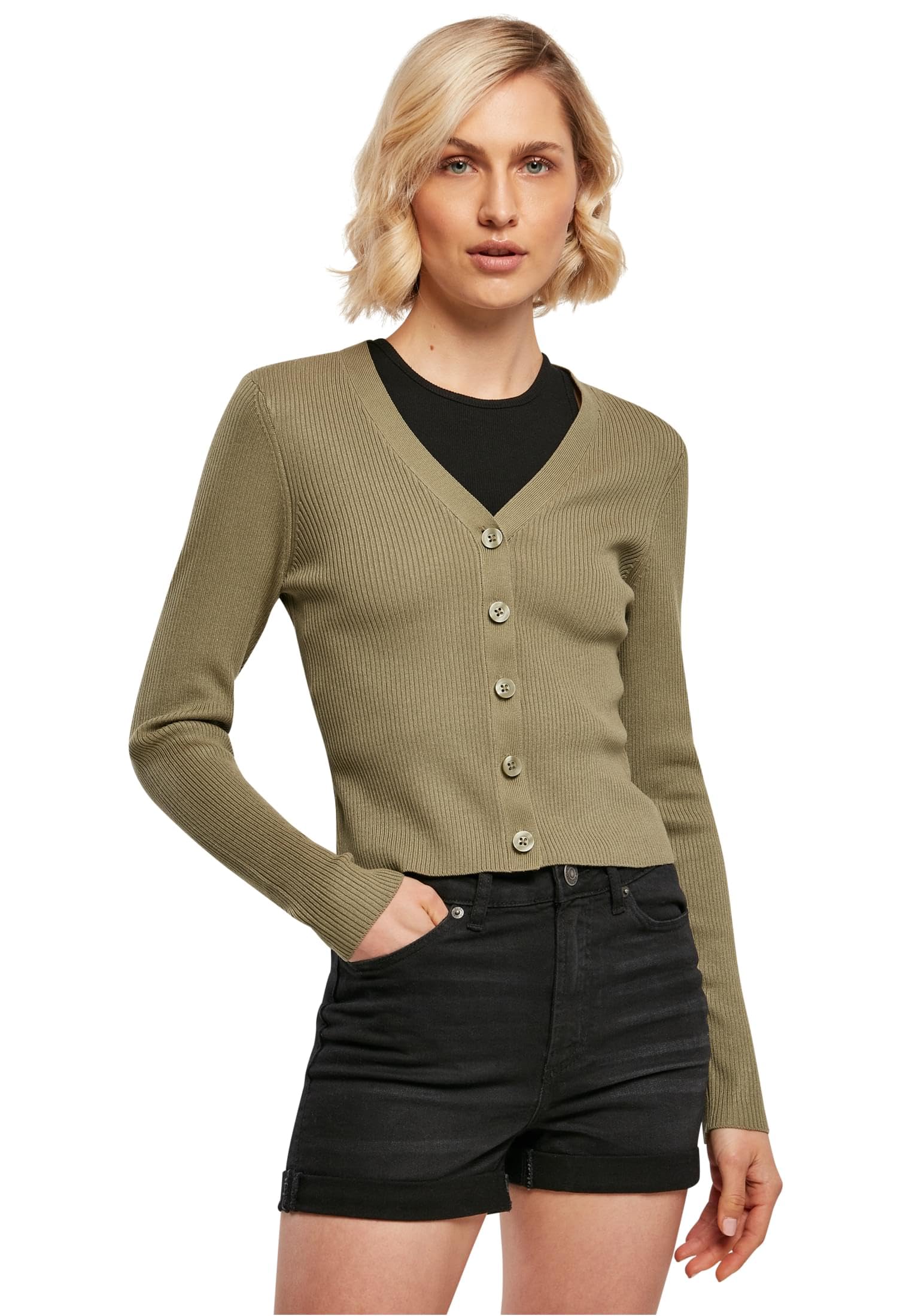 Urban Classics Women's Short Rib Knit Cardigan Sweater, Khaki, XXXL
