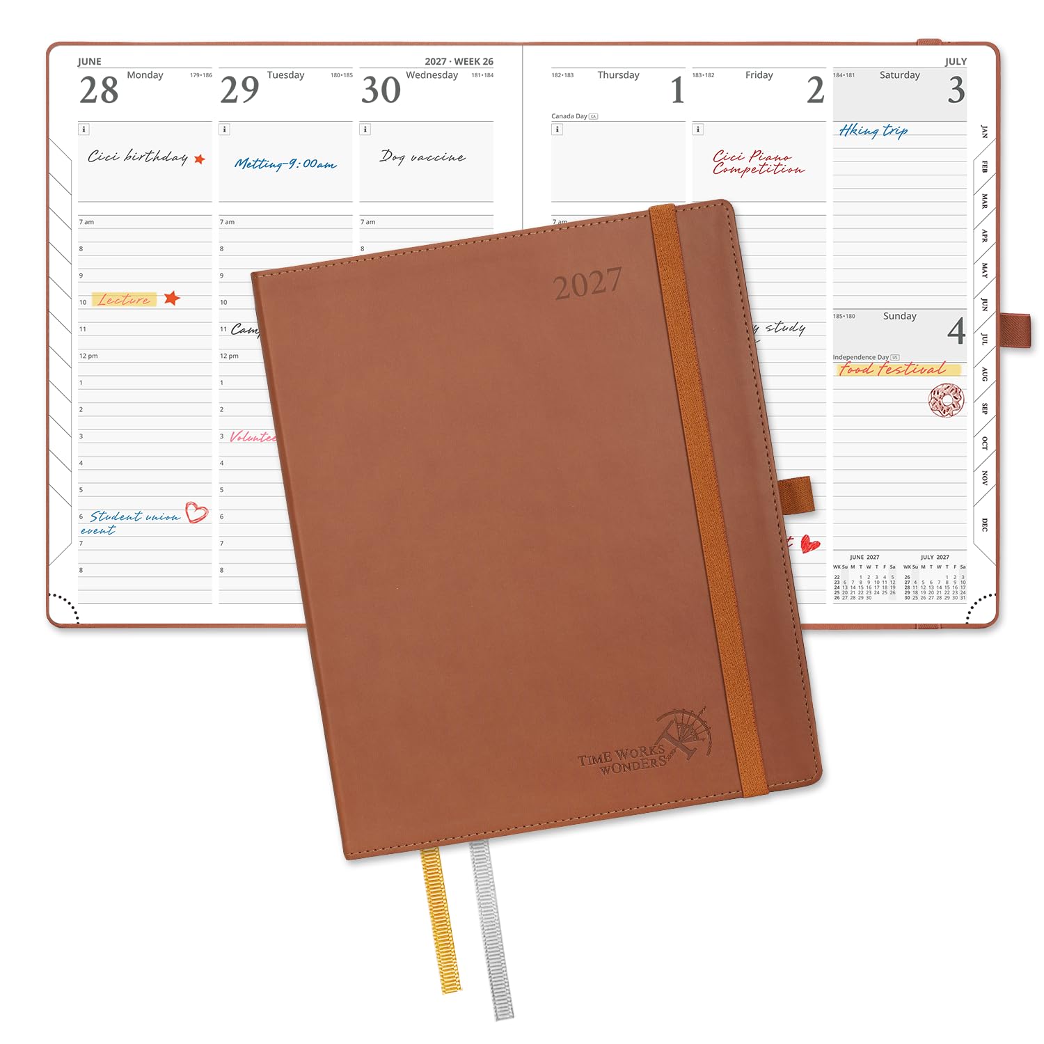 POPRUN 2027 Diary Week to View Approx. A4 Large–PU Leather, Vertical Layout