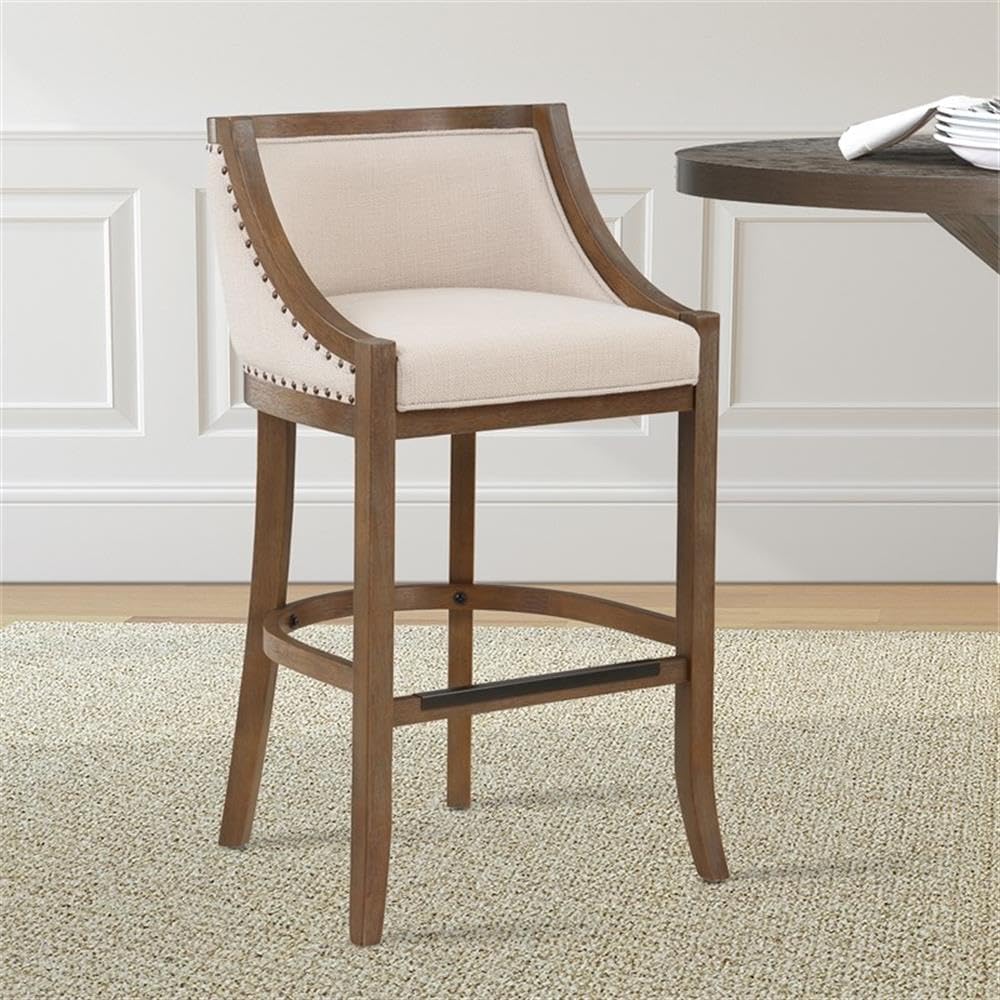 BOWERY HILL Oversized Bar Stool, Warm Brown Solid Hardwood Frame, 30-Inch Seat Height, Ivory Polyester Cushion, Transitional Style with Nail Head Accents and Metal Kick Plate, Bar Height Seating