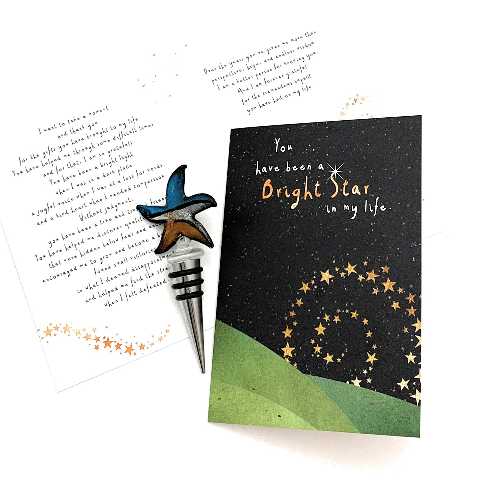 Smiling WisdomStar Wine Bottle Stopper Friendship Gift Set - You are a Bright Star in My Life Greeting Card - Acknowledge Appreciation Thanks - Mentor Grandparent Mom Dad Friend Him Her - Gold Blue
