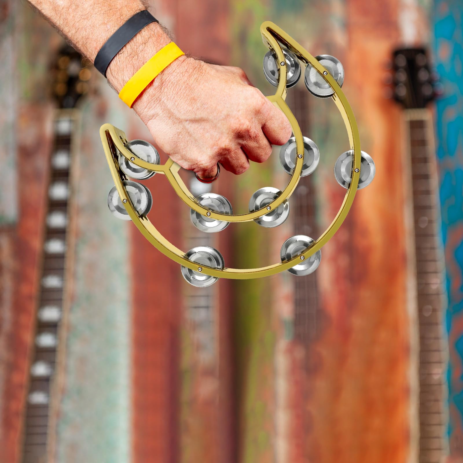 Tambourin Instrument Flexzion Tambourin En Métal Demi-lune - Instruments De Musique à Double Rangée - Instruments De Percussion Avec Poignée Ergonomique - Tambourins Pour Cloche A Main