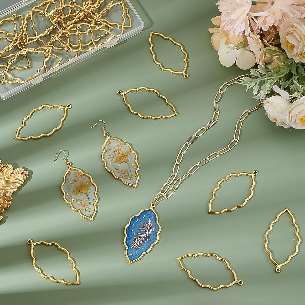 PH PandaHall 30pcs Leaf Open Bezel Charms 2.5x1.3 Inch Large Open Frame Pendant Antique Golden Resin Frames Pendant Tibetan Style Open Back Bezel for Jewelry Making DIY Resin Crafts Earrings Necklace - Image 4