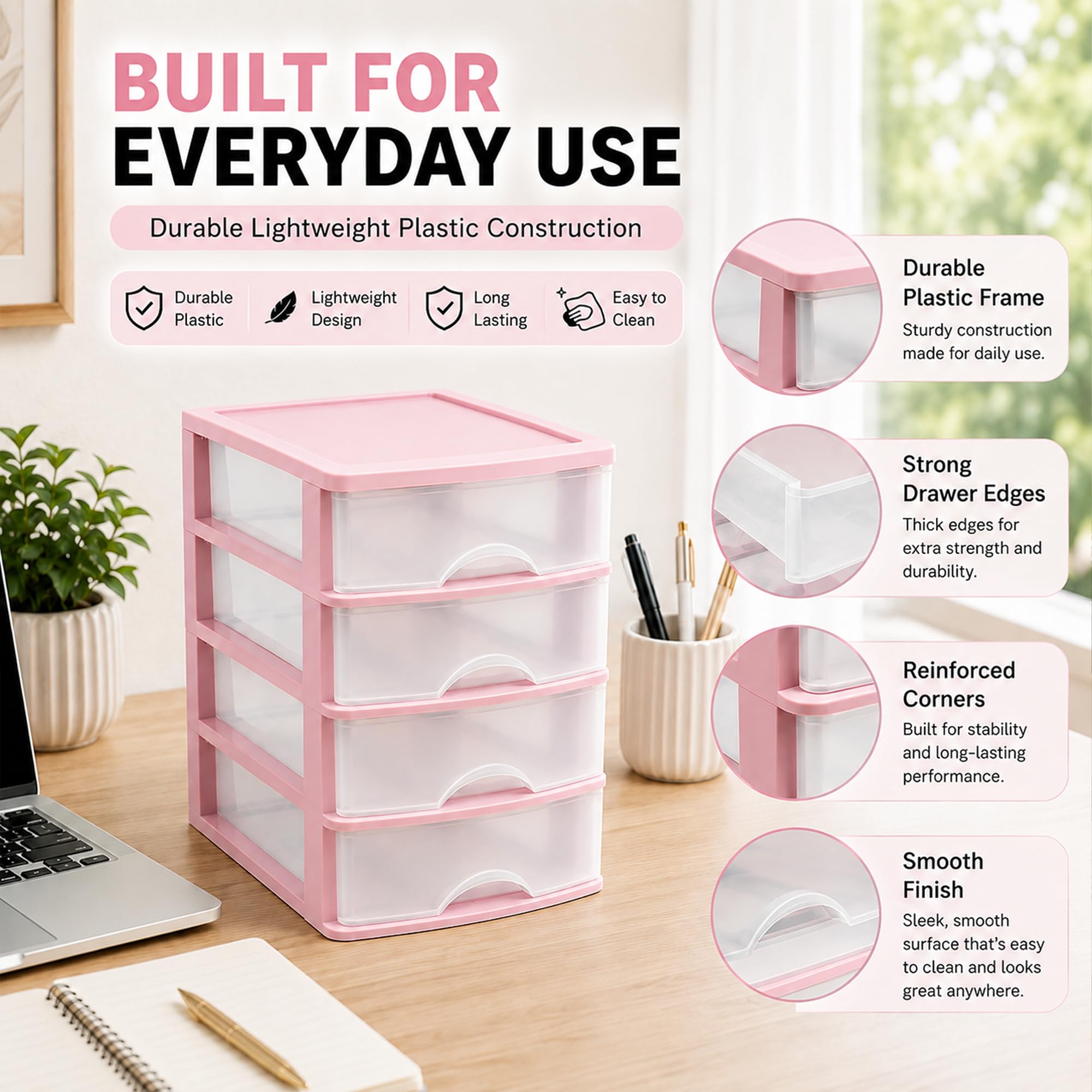 PLASTIFIC unità di Archiviazione da Tavolo in Plastica con Cassetti, unità di Torre di Archiviazione per Ufficio Camera da Letto Garage (Rosa con 4 Cassetti Trasparenti, 35,5 X 27 X 35 Cm)