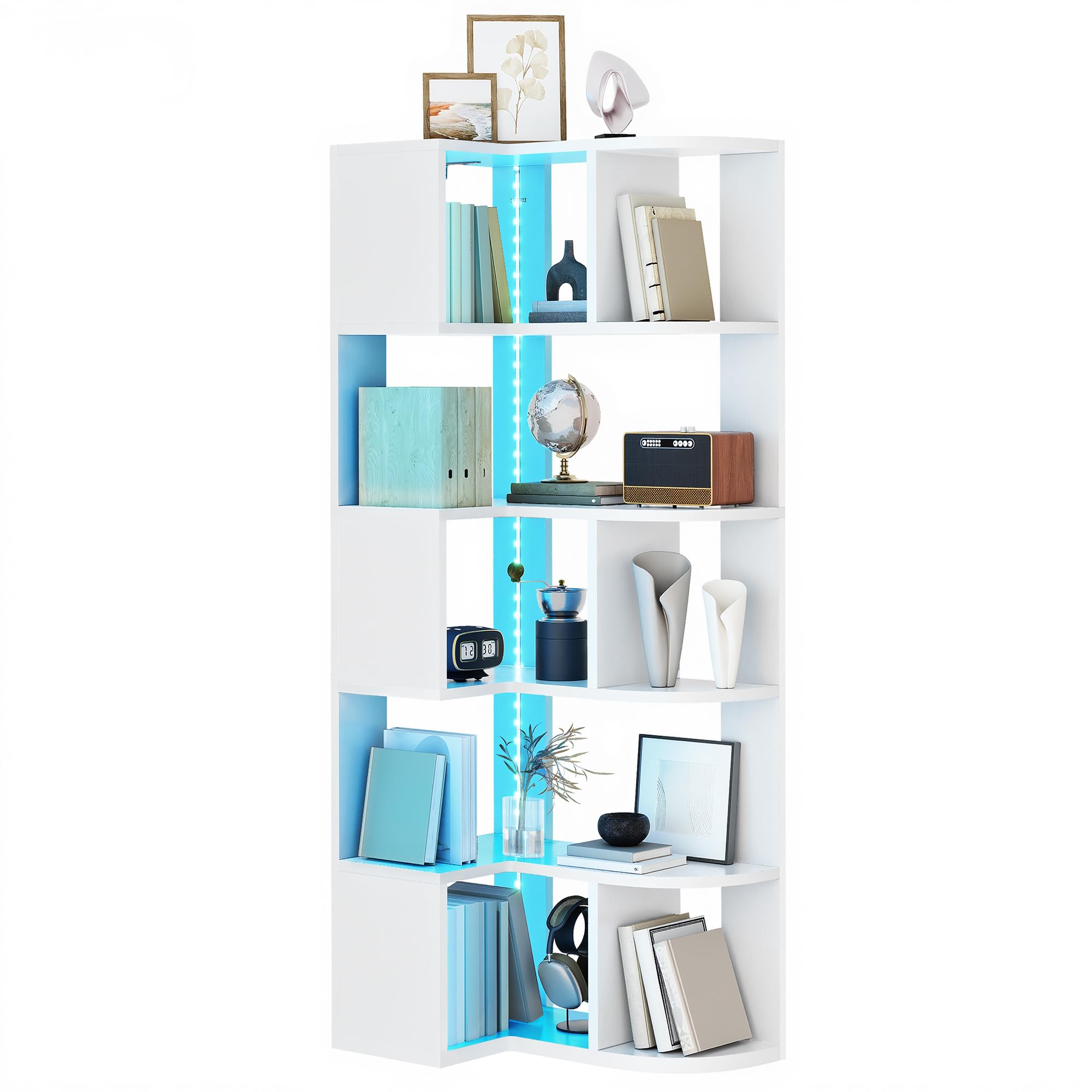 YITAHOME Libreria angolare a 6 ripiani con LED, a forma di L, scaffale angolare, scaffale da pavimento, per ufficio, studio, soggiorno, camera da letto, 64 x 41,5 x 159,5 cm, bianco