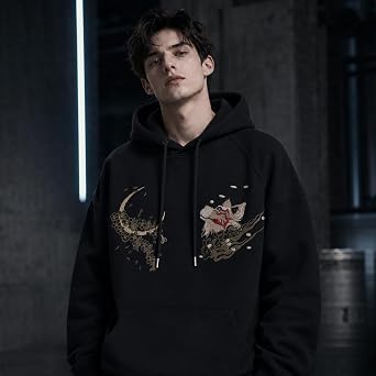 Mens Nine Tailed Fox Embroidered Hoodie Japanese Anime Hoodies Streetwear Black Hoodie Men Fashion Casual Hoodie