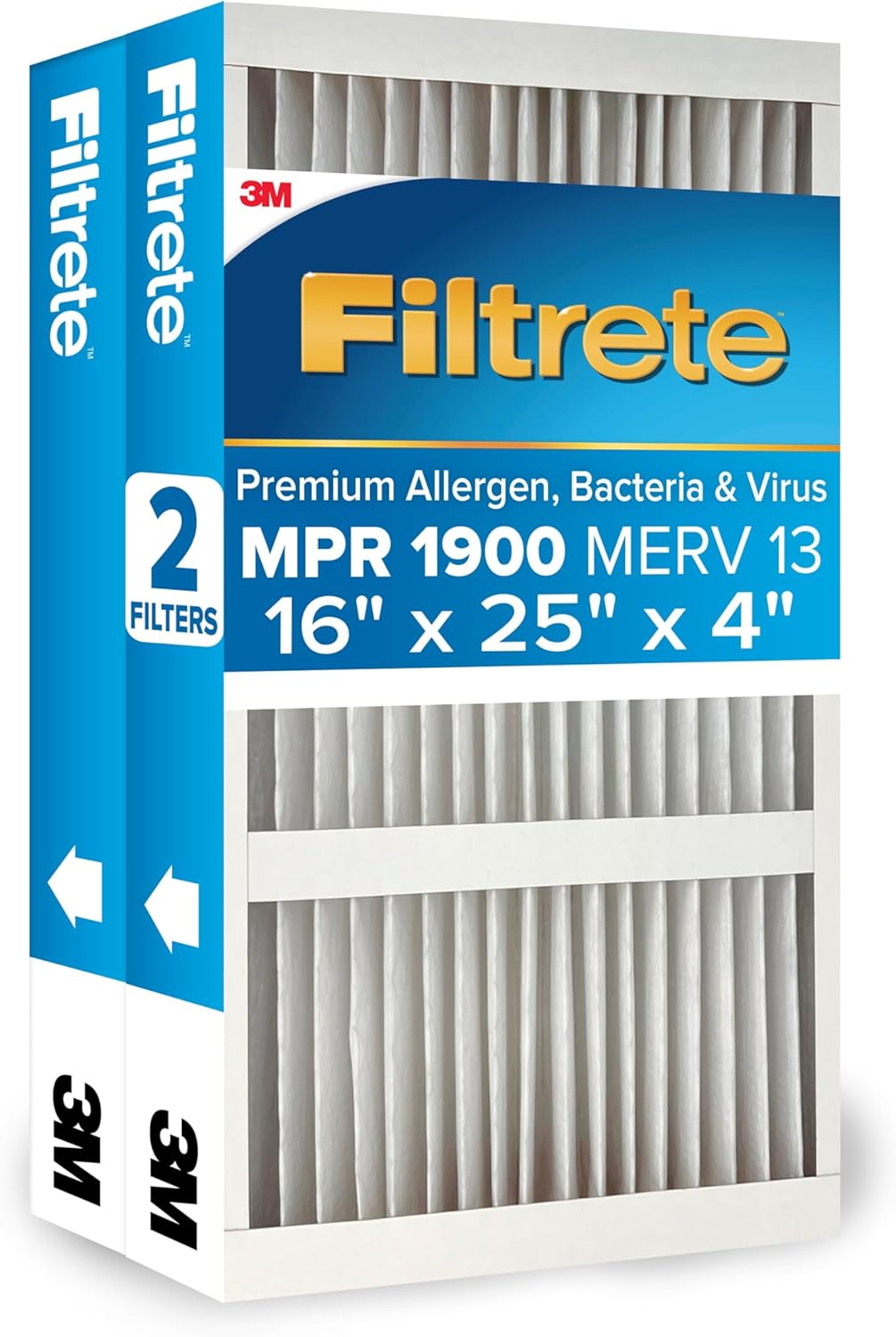 Filtrete 16x25x4 AC Furnace Air Filter, MERV 13, MPR 1900, Premium Allergen, Bacteria & Virus Filter, Electrostatic Air Cleaning Filter, 2-Pack (Actual Size 15.44 x 24.62 x 4.31 in)