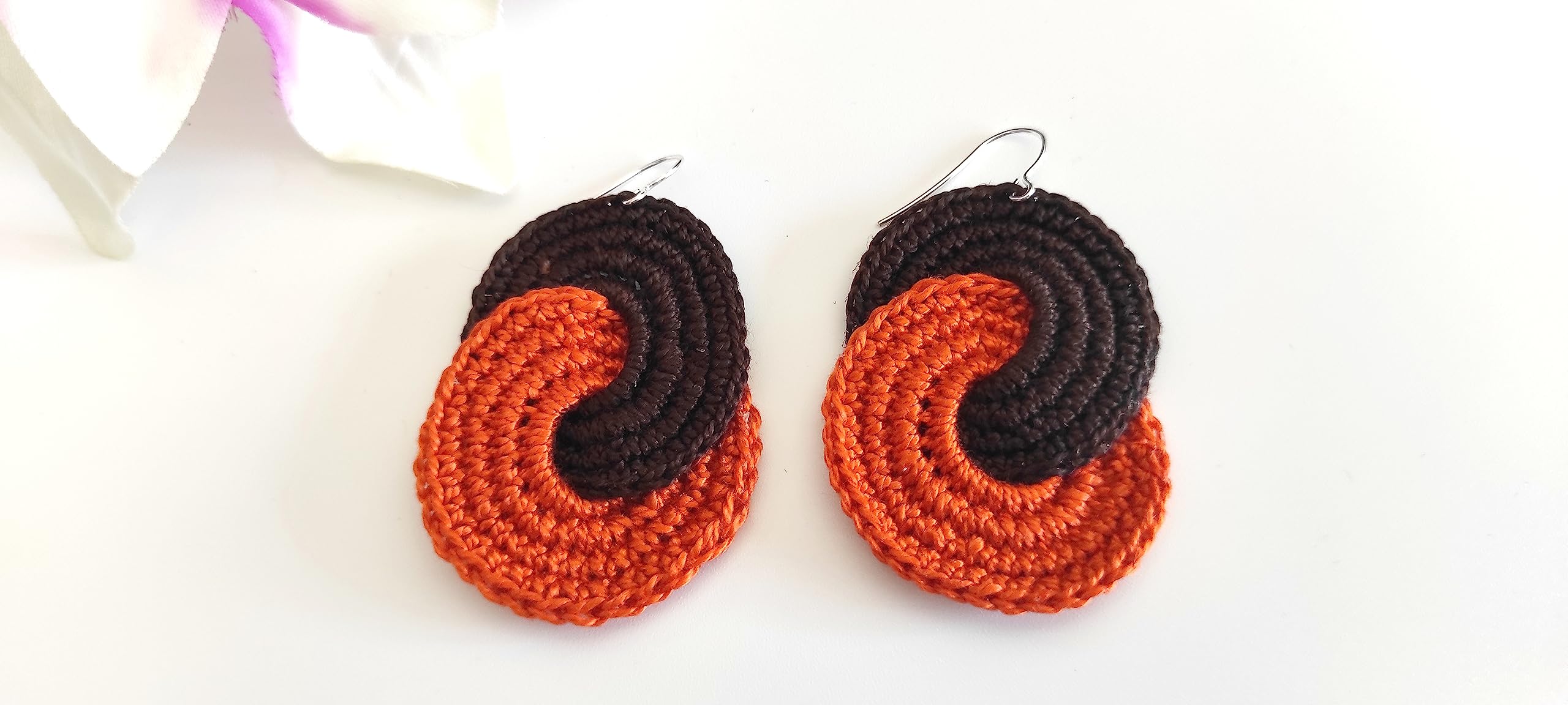 Pendientes Tejidos a Ganchillo Crochet Mujer Naranja y Marrón