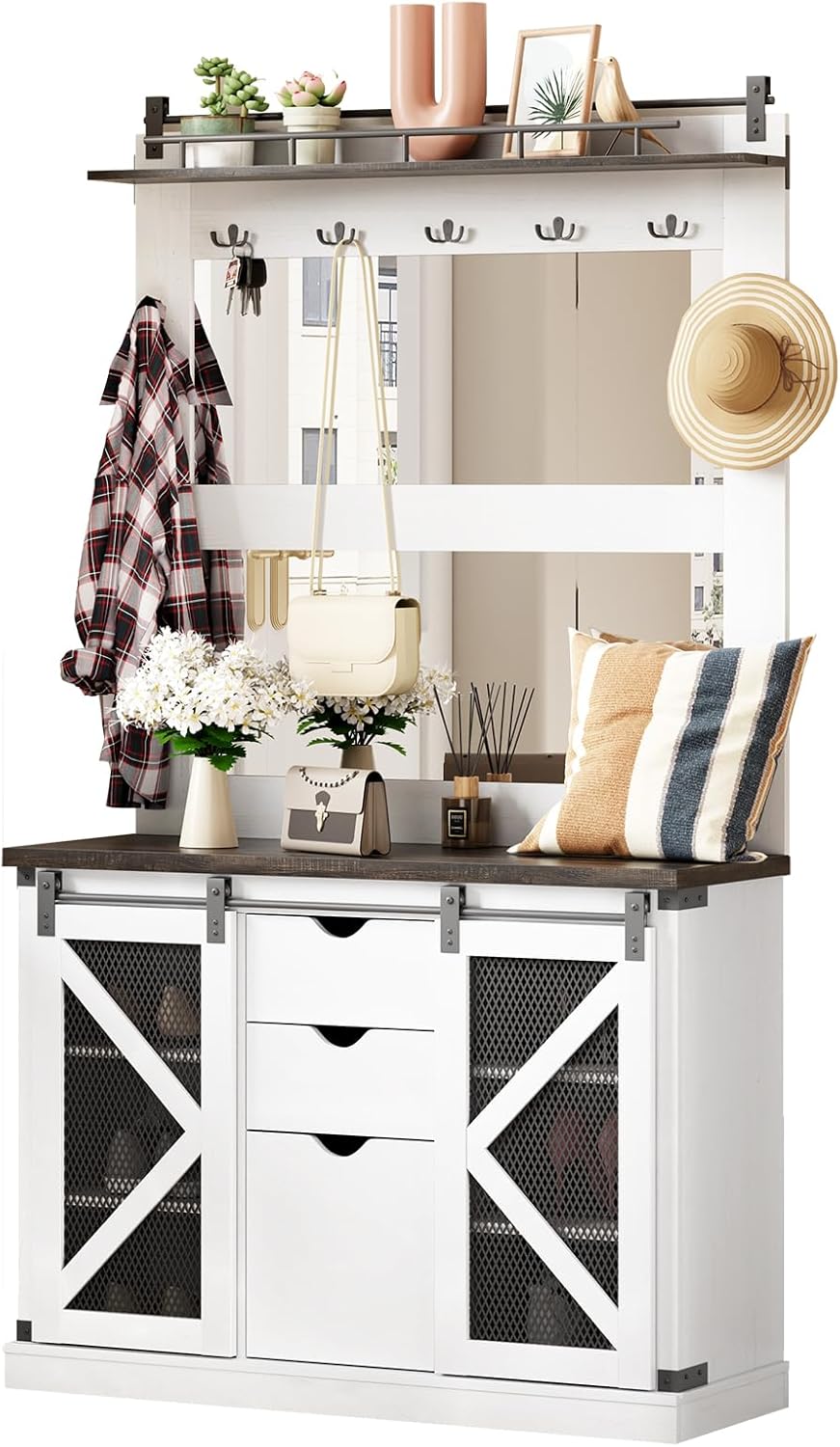 77" Hall Tree with Bench & Shoe Storage, Entryway Coat Rack Cabinet with 3 Drawers, 2 Mirrors & Sliding Barn Doors for Mudroom Organization, White