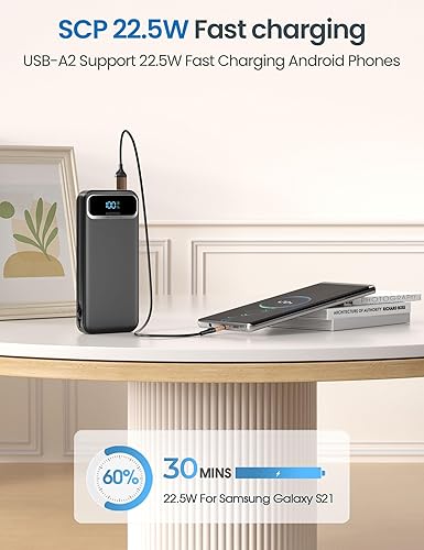 Miniatura 6 de 12000mAh Lightweight-Portable-Charger-Power-Bank with Built-in Cables and AC Wall Plug, PD20W USB-C Fast Charging Battery Pack, LED Display External