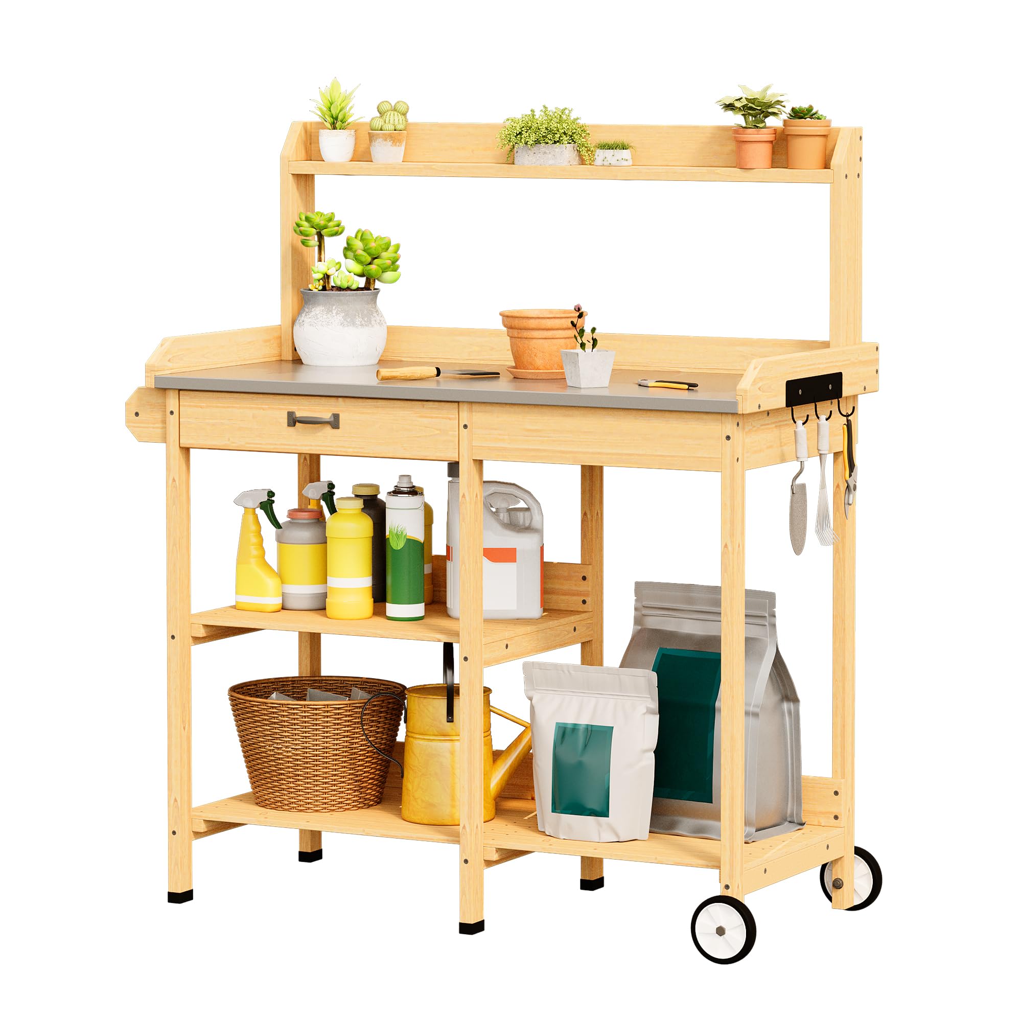 Xbro Mesa de Jardinería con Ruedas, Mesa para Plantas de Madera con Encimera de Metal Galvanizado, Cajón, Estantes y Ganchos para Balcón, Terraza, Jardín, 112 x 43 x 121 cm, (Retro)
