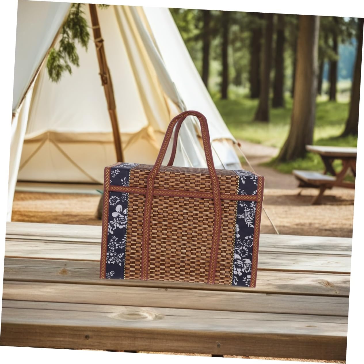 Yardwe Folding Woven Fruit Basket with Handle Portable Picnic Food Storage Basket for Outdoor Use 14.6X9.8X7.9 Inch Multipurpose Fruit and Snack Organizer