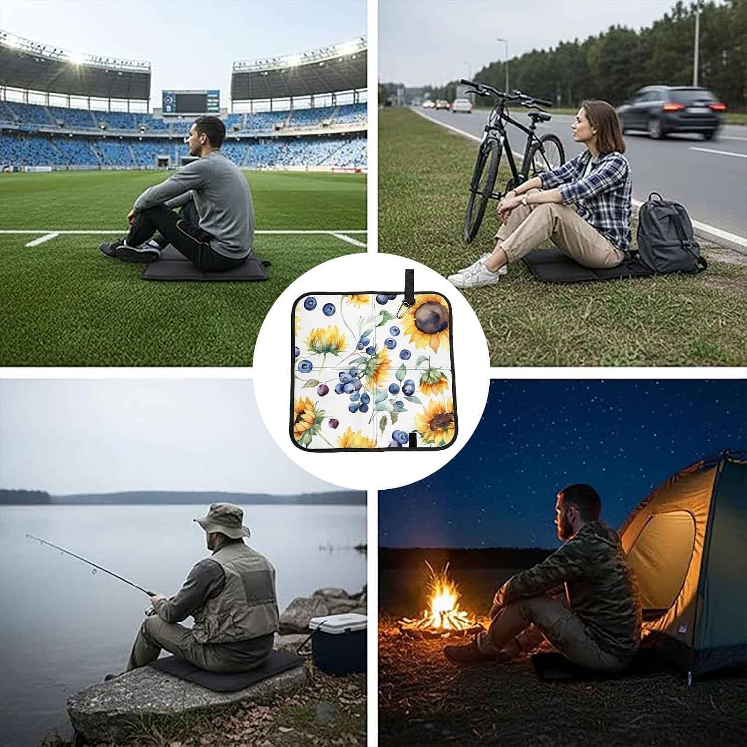 (Sunflower Print) Sitting Pad Foldable Seat Cushion Lightweight Camping Seat Mat with Hook for Outdoor Hiking Picnic Camping