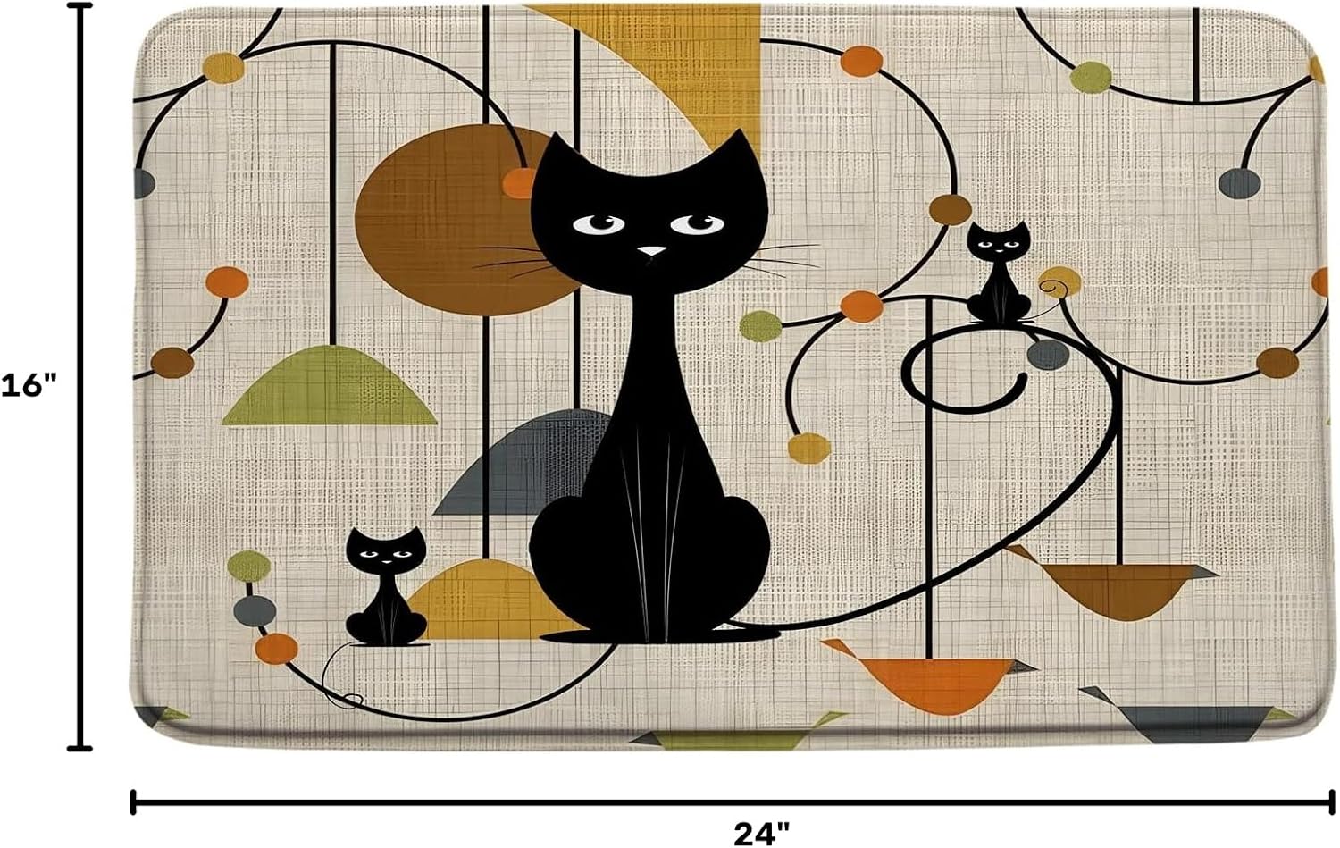 3 Piece Mid Century Modern Bath Mat Sets Retro Funny Black Cat Geometric Minimalist Boho Vintage 16"x24" Bathroom Decor Mat/Rug,Toilet Seat Cover,U-Shaped Floor Mat image 3