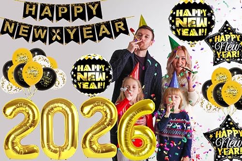 Miniatura 7 de Juego de decoraciones de Feliz Año Nuevo 2026, enormes globos de números de lámina dorada 2026, pancarta de feliz año nuevo, globos de látex negros