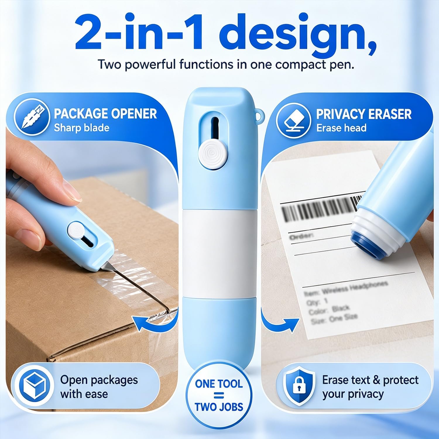 2-in-1 Box Cutter & Thermal Paper Eraser Pen- Water-Based Redacting Marker Pen with Built-In Unboxing Knife for One Smear Printed Text Covering on Labels, Receipts, Packages, Mail (2Pack) image 3