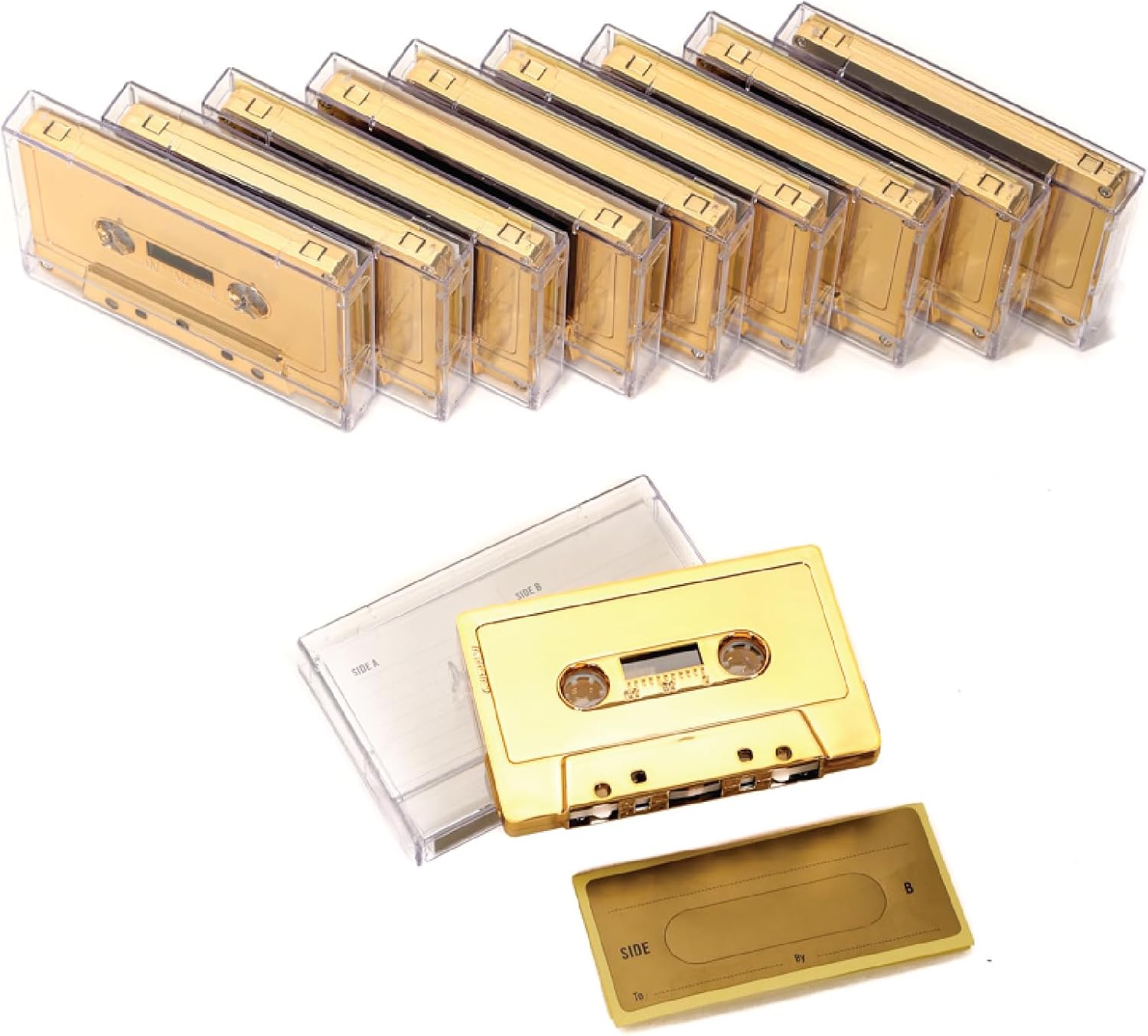 Fydelity 10-Piece Blank Cassette Tape Storage Set – Features 30 Minutes Clear Tape Cassette Storage for Recording Blank Audio - Gold Chrome Cassette Holder – Idea for Music Lovers Collectors