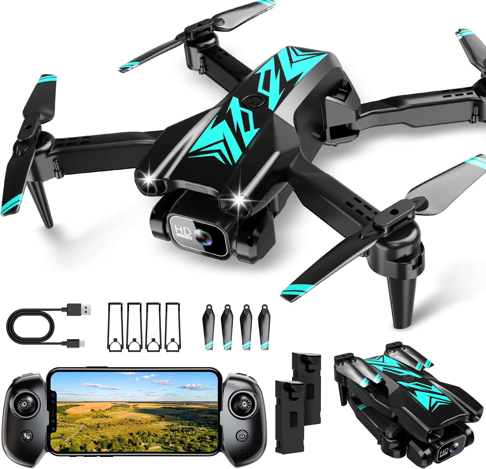 Mini Drone with Camera for Beginners Adults-1080P FPV Camera Foldable Drone with Stable Altitude Hold, Gestures Selfie, Waypoint Fly, Headless Mode, Auto-Follow, 3D Flip, One Key Start, 3 Speeds, 2 Batteries