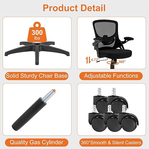 Miniatura 7 de Silla de oficina, silla ergonómica de escritorio para computadora con soporte lumbar ajustable, cómoda silla de malla transpirable con brazos