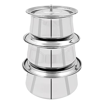 Spillbox Stainless Steel Kitchen Appliances Cooking Serving Pot Pan | Handi Set| Biryani Handi Set | Urli | Serveware | Tope | Patila |Belly Shape Tope Set | Cookware Bowl | Cooking Bowl Set with Lids -Bowl With Lid plain [Combo of 3 piece set]