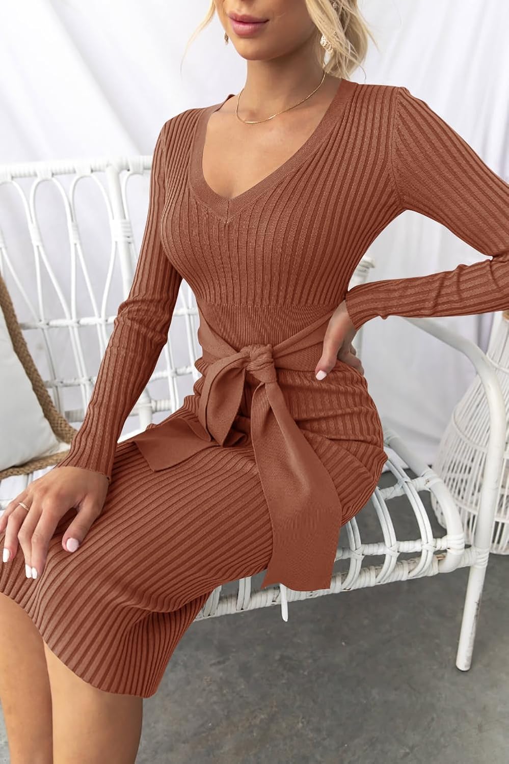 ZESICA Women's 2026 Spring Sweater Dress V Neck Long Sleeve Ribbed Knit Tie Waist Bodycon Slim Fit Midi Dresses - Image 6