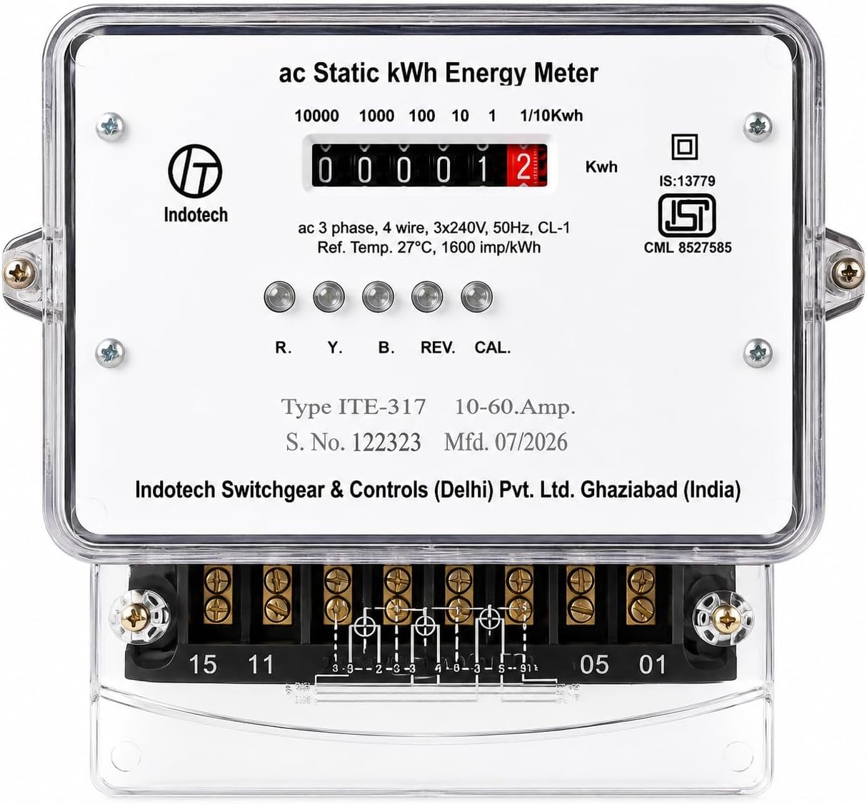 3 Phase Counter Energy Sub Meter 10-60A, ISI Mark, 3x240V 4 Wire