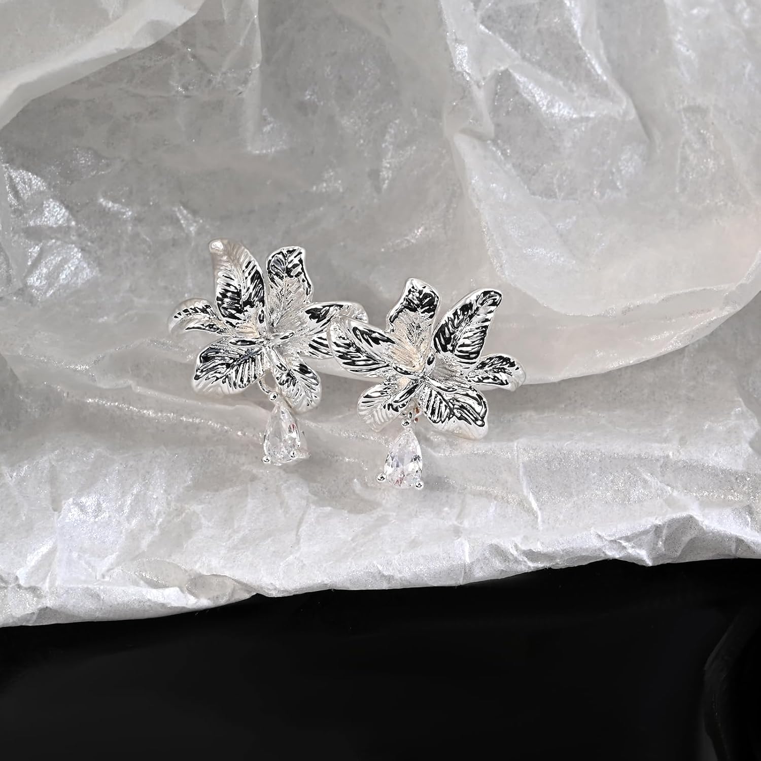 Large Silver Flower Stud Earrings for Women Orchid Earrings with Sparkly Teardrop Cubic Zirconia - Image 6