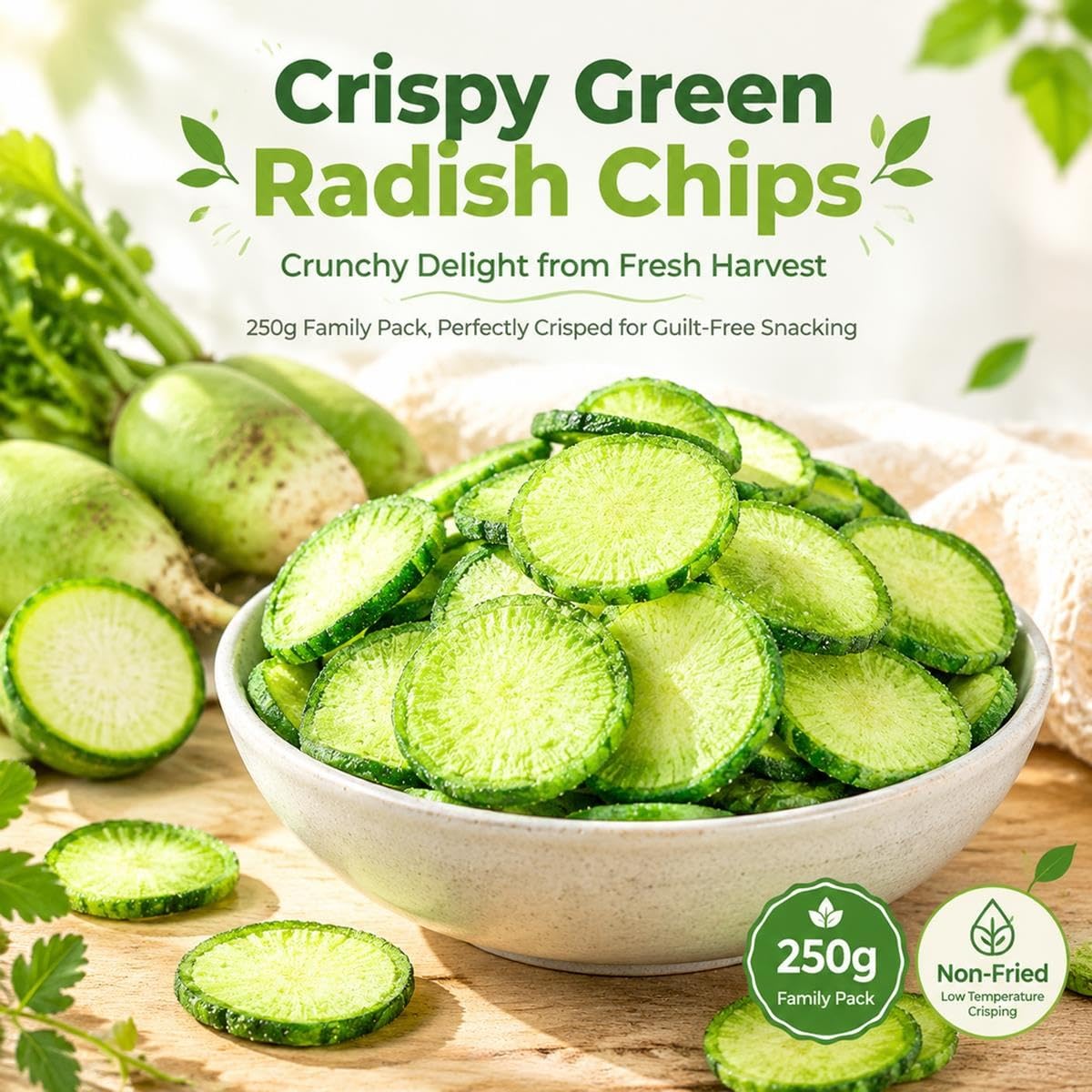 Grüner Rettich Chips, Getrocknete Rettichscheiben, Gemüsesnack, 500g