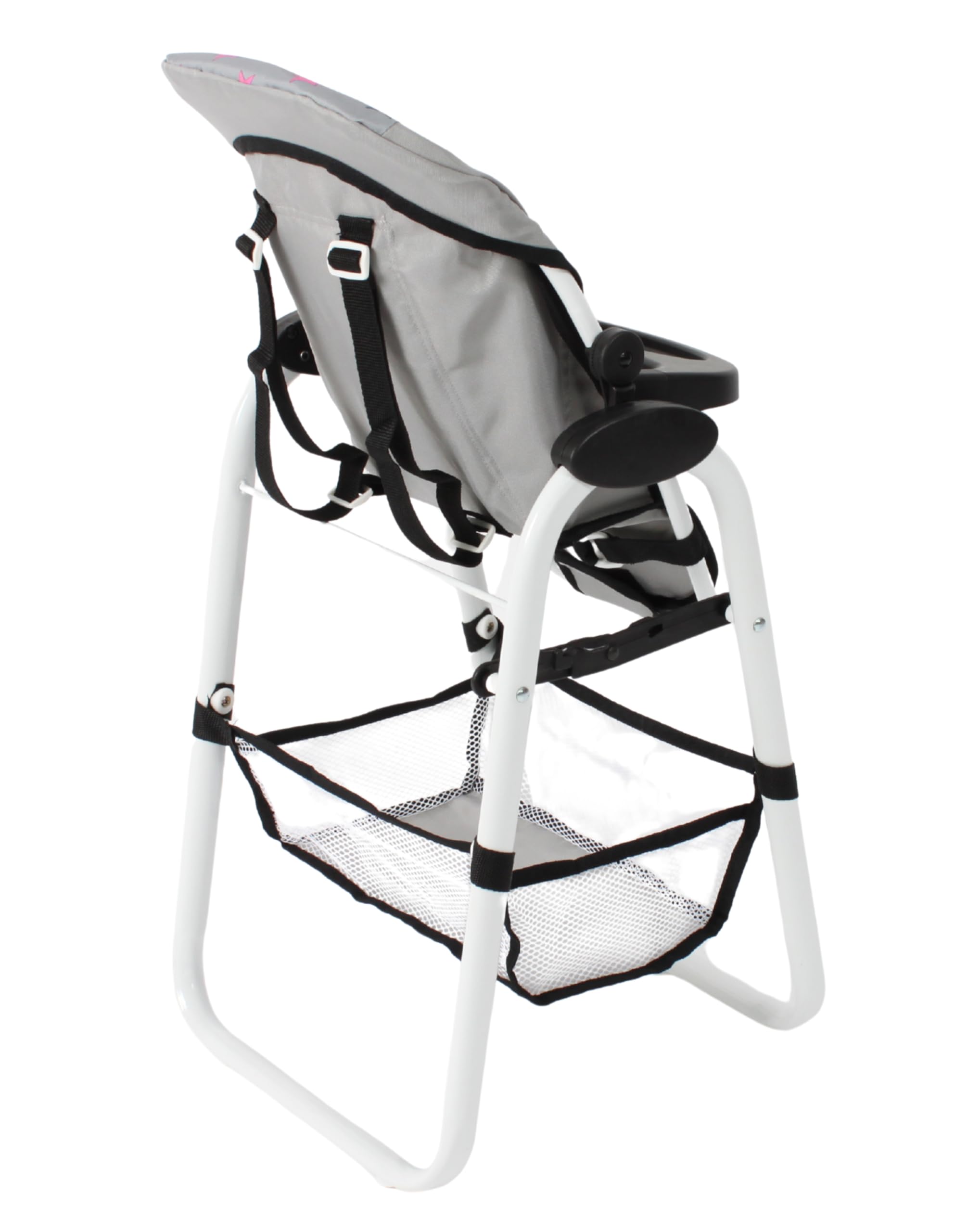 Bayer Chic 2000® Chaise Haute pour poupée - Étoiles Grises - Réglable et Pliable - Porte-Dossier et Filet à Bagages - Poupées jusqu'à 50 cm - Accessoires pour poupée de 3 à 8 Ans