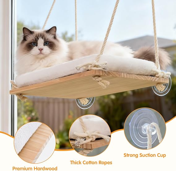 Cat Window Perch Hammock with Solid Wood Seat & Plush Cushion