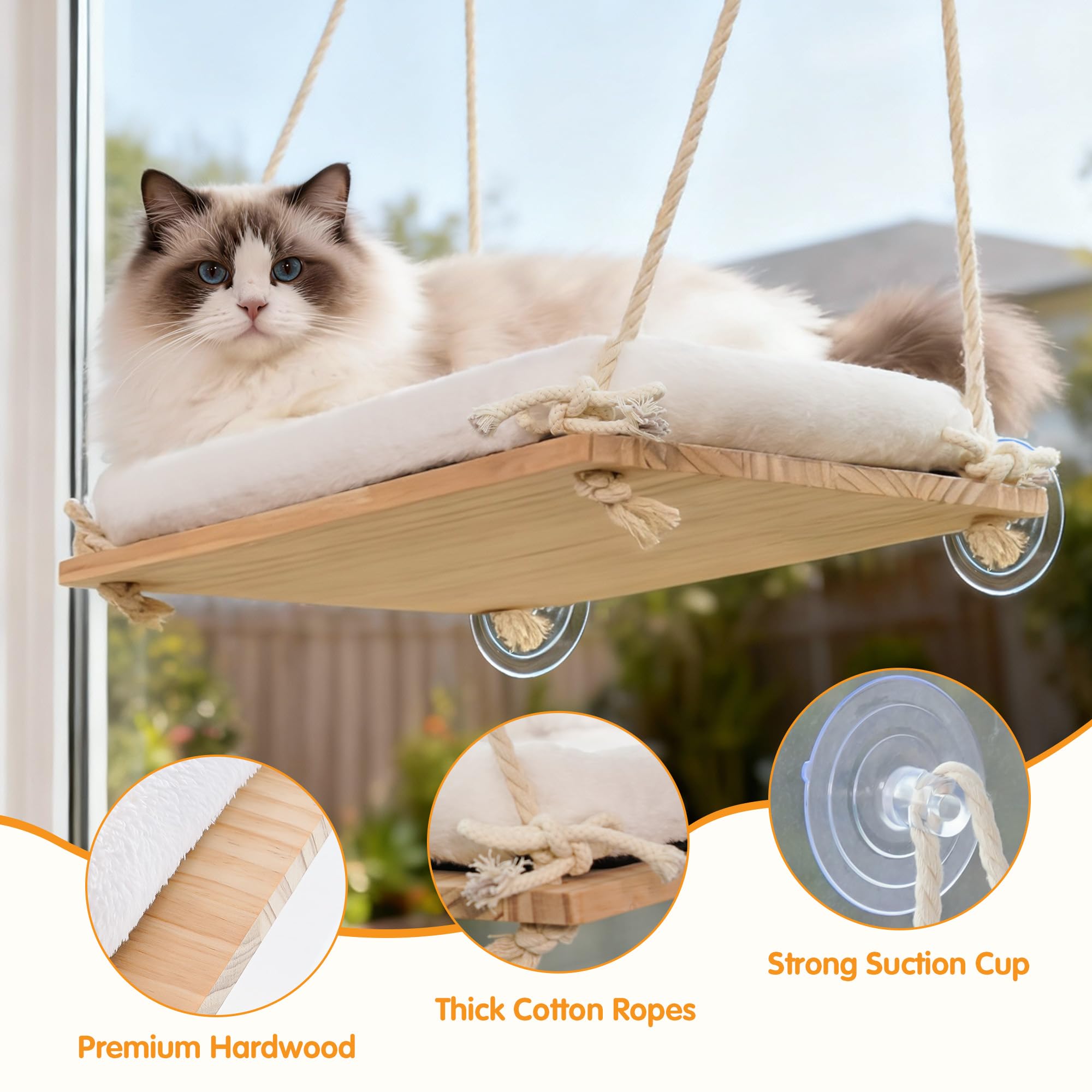 Cat Window Perch, Rustic Cat Hammock Bed with Solid Wood Seat 4 Heavy Duty Suction Cups, Plush Cushion, Indoor Pet Window Hammock for Cats for Large Cats (XL) - image 4